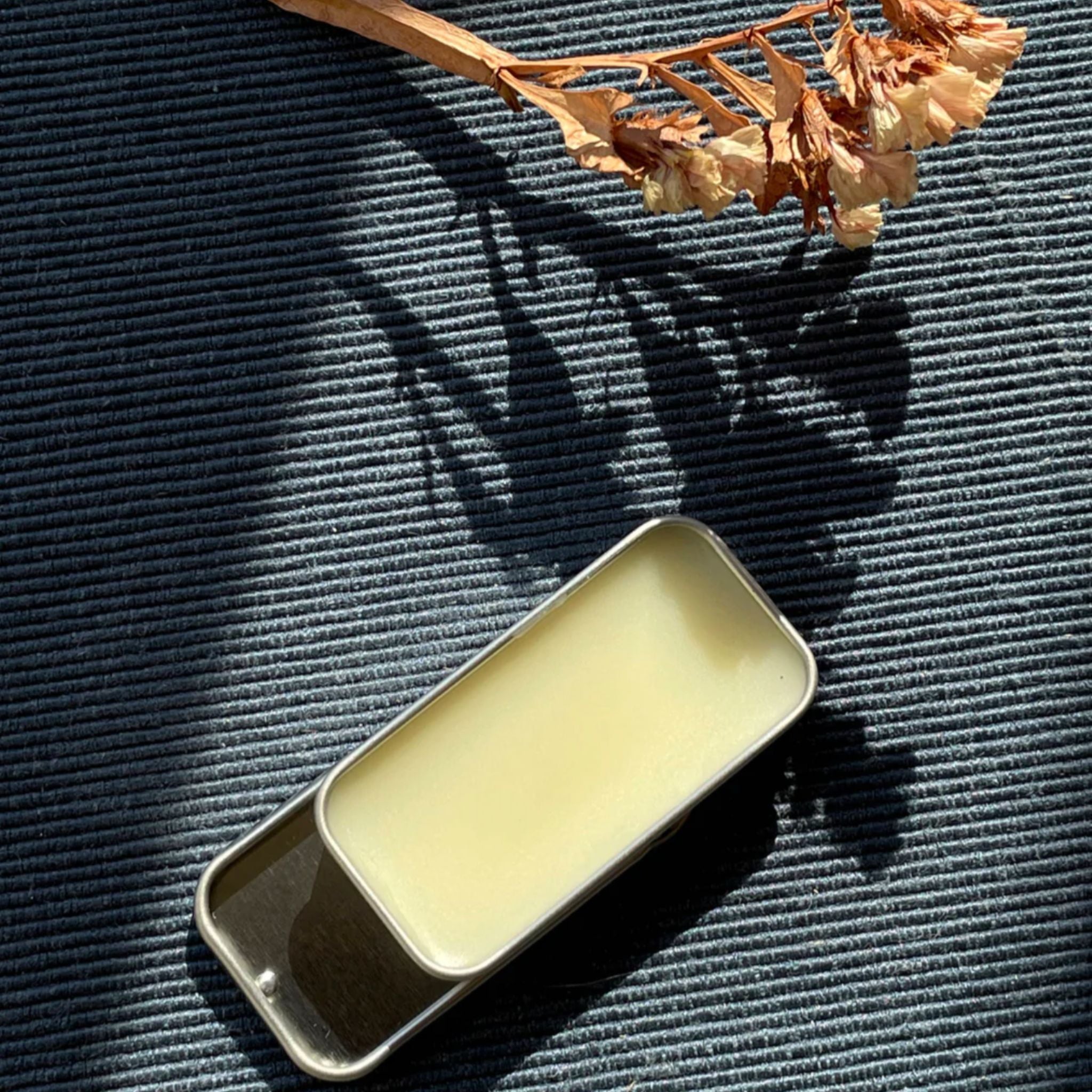 a small container of balm next to a dried flower