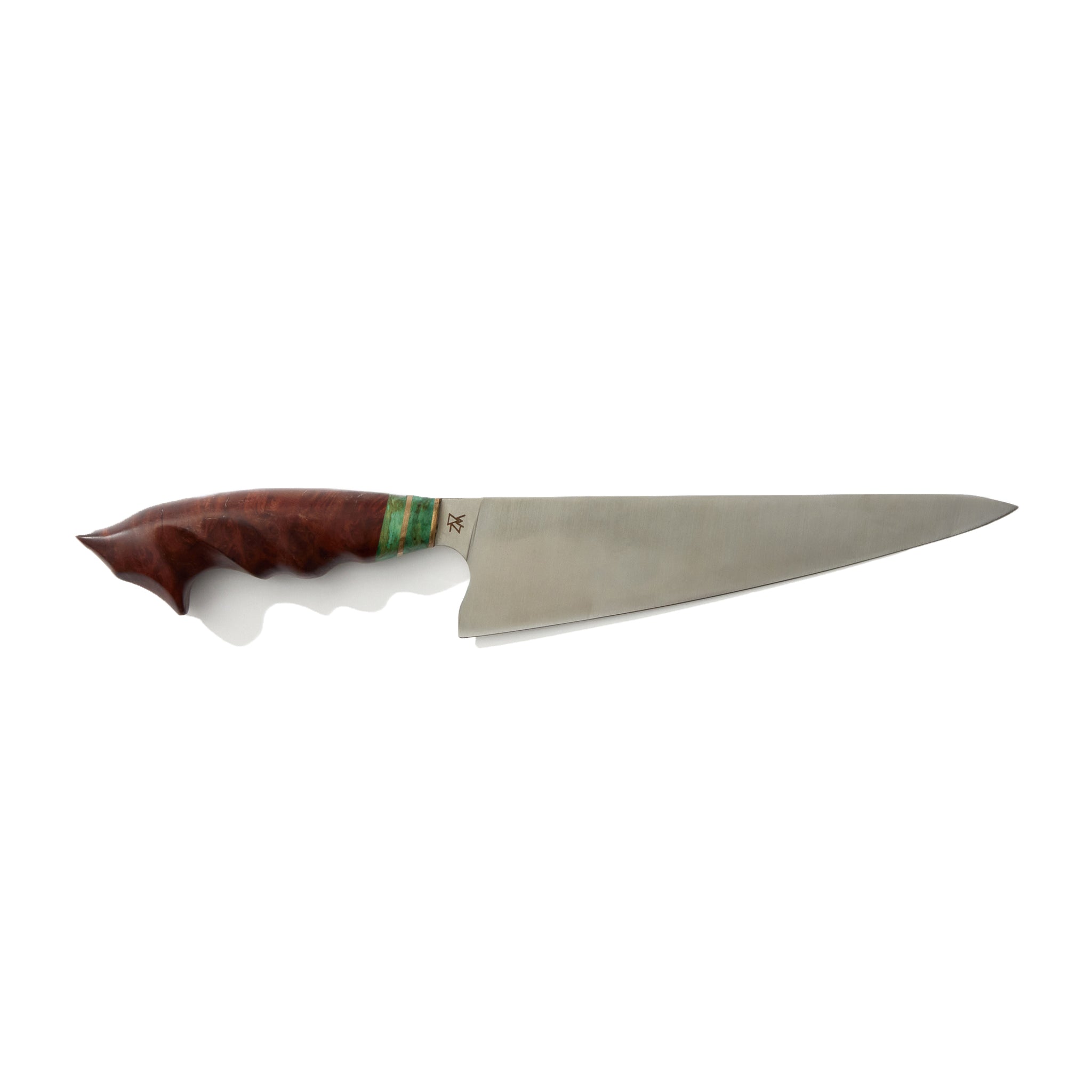 An eight-inch chef's knife with a straight, pointed blade and a decorative, ergonomic handle. The handle has a deep brown color with a distinctive green striped pattern near the bolster, which separates the handle from the blade. The knife is positioned against a white background, highlighting its sharp edge and unique design.