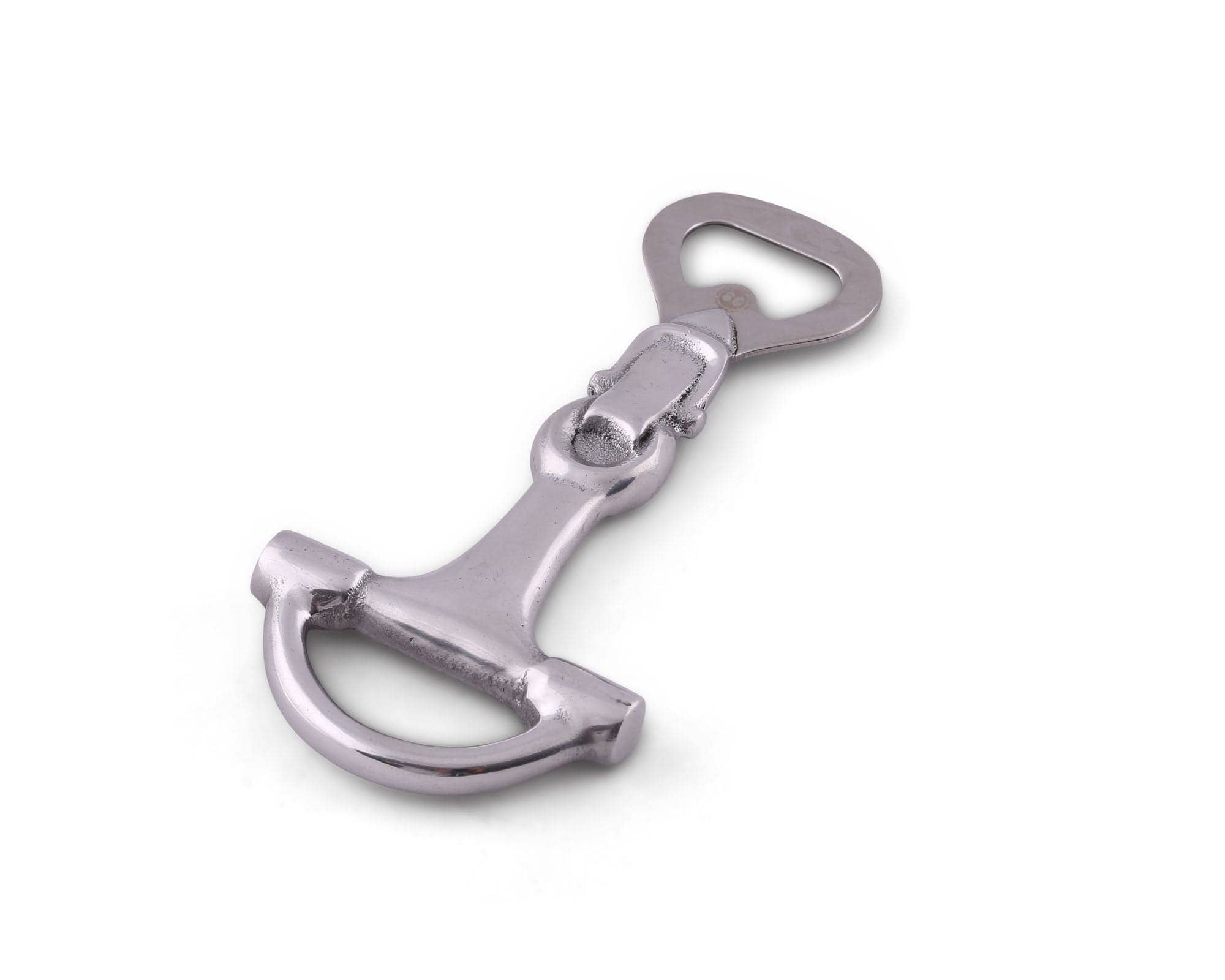 Metallic bottle opener with a clasp on a white background