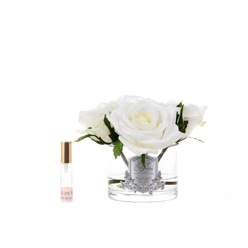 Five Ivory White Natural Perfumed Roses with Clear Vase | Côte Noire