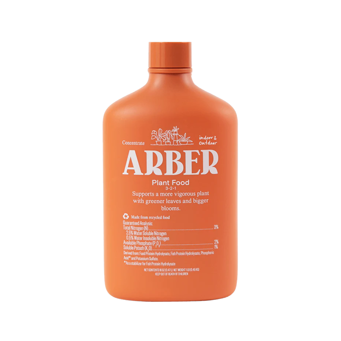 an orange bottle of arber organic plant food against a white background