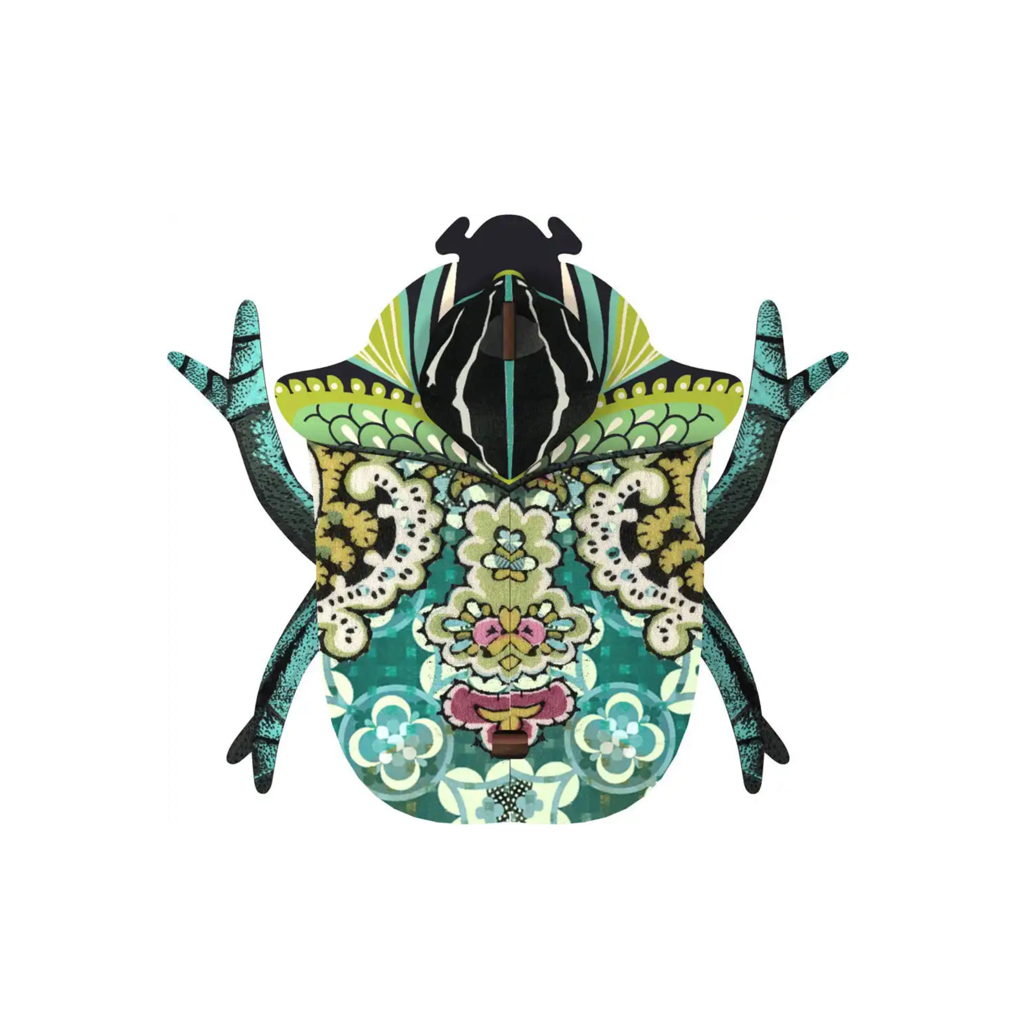 a closed colorful green beetle wall decor with a white background
