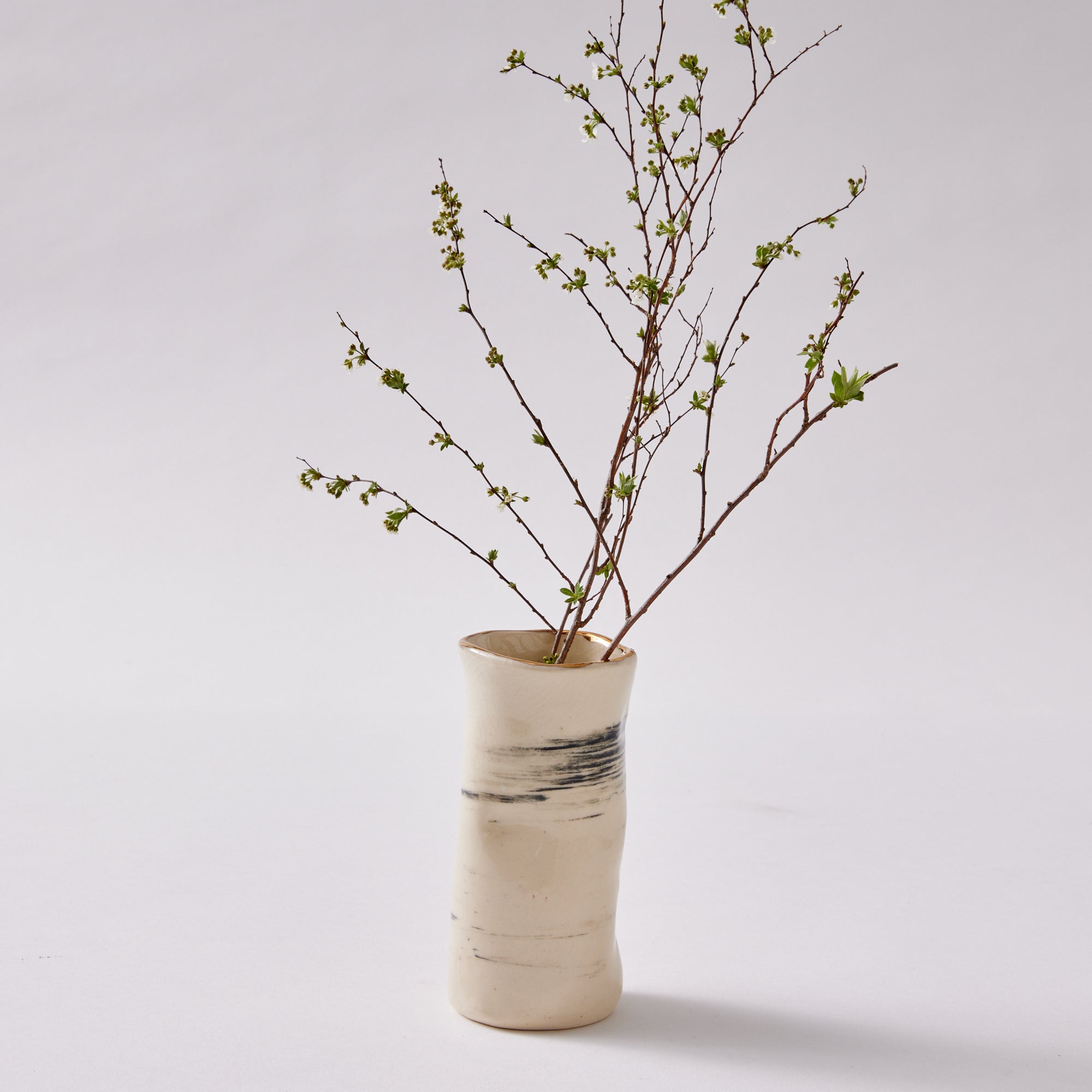 a handmade clay bud vase that resembles birch bark with gold detailing with a plant in it