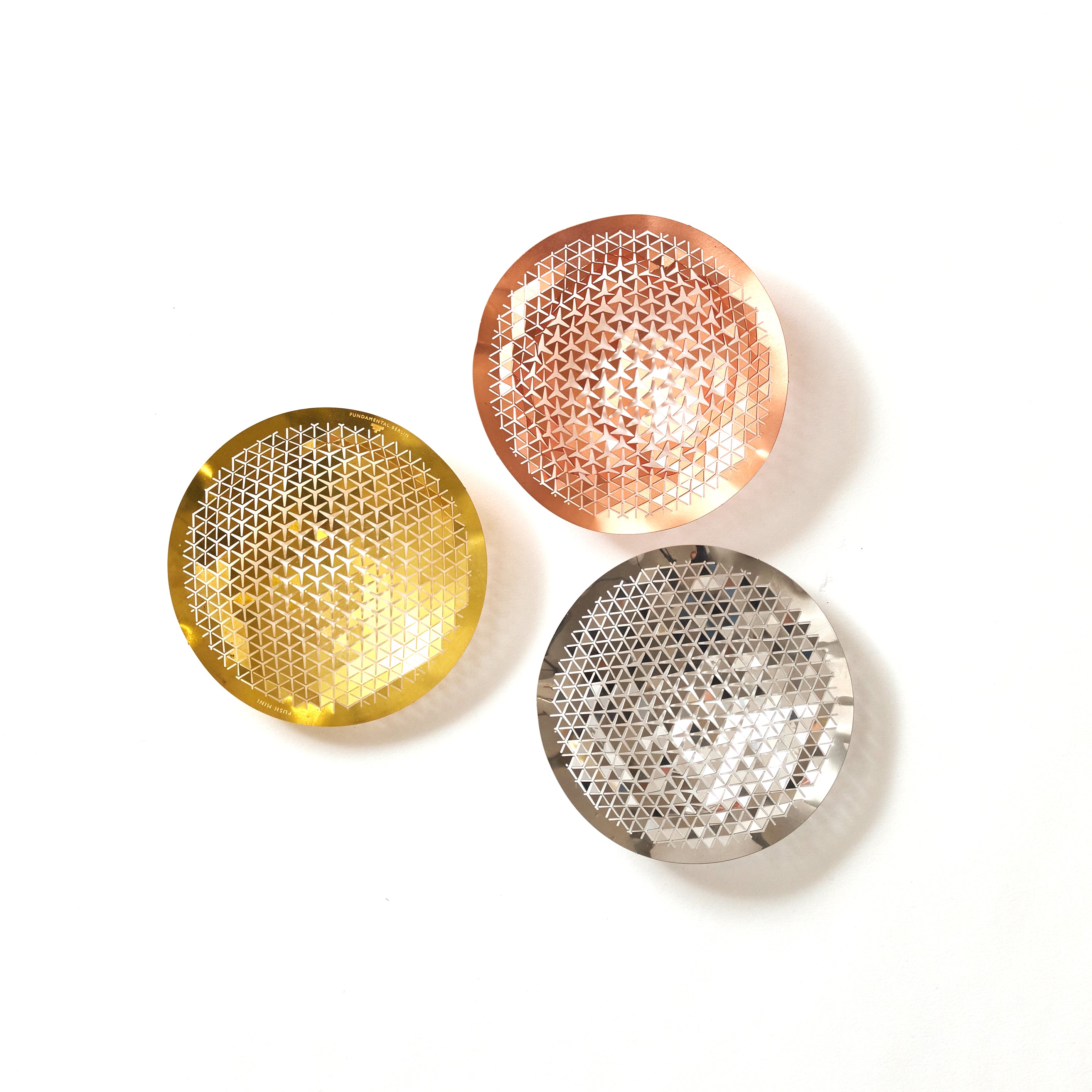 Set of three mini push bowls in metallic colors: gold, silver, and copper