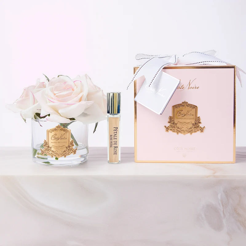 Limited Edition: Five Pink Blush Natural Perfumed Roses with Clear Vase | Côte Noire