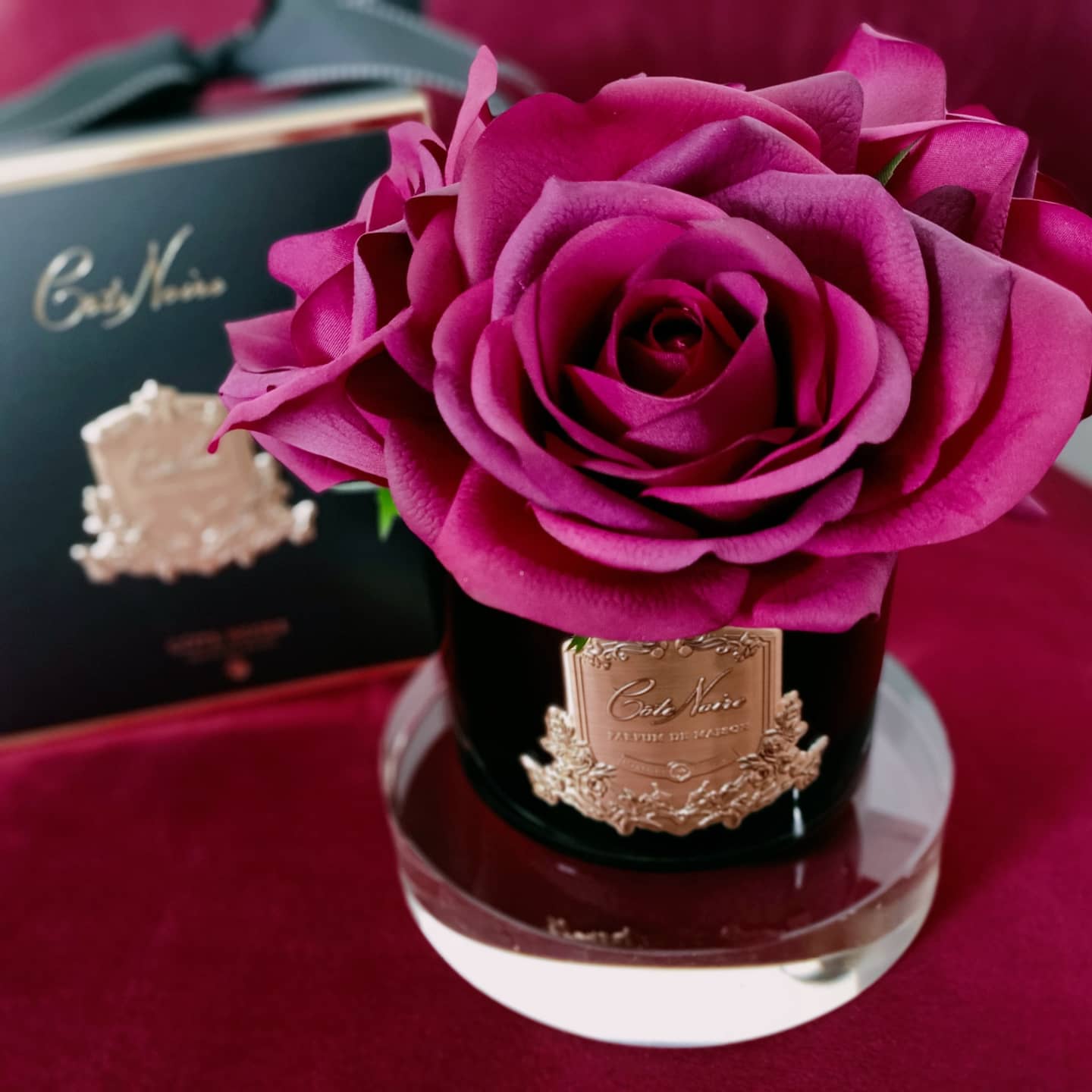 Côte Noire five carmine red roses in black glass, close up