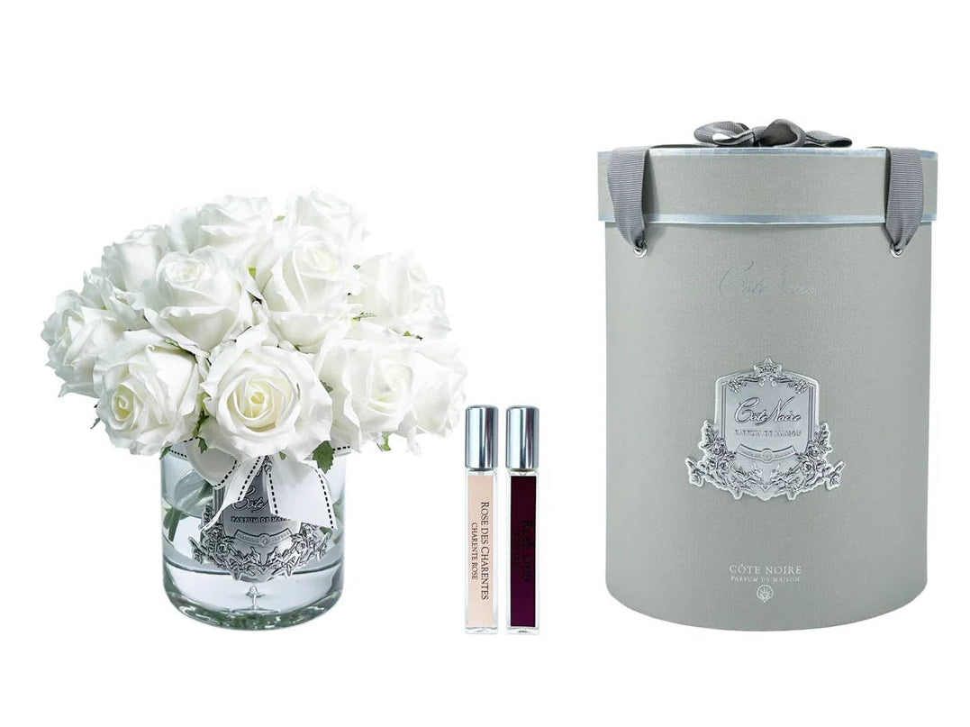 Luxury Grand Rose Bud Bouquet - Silver Badge - White - Grey Box | Côte Noire