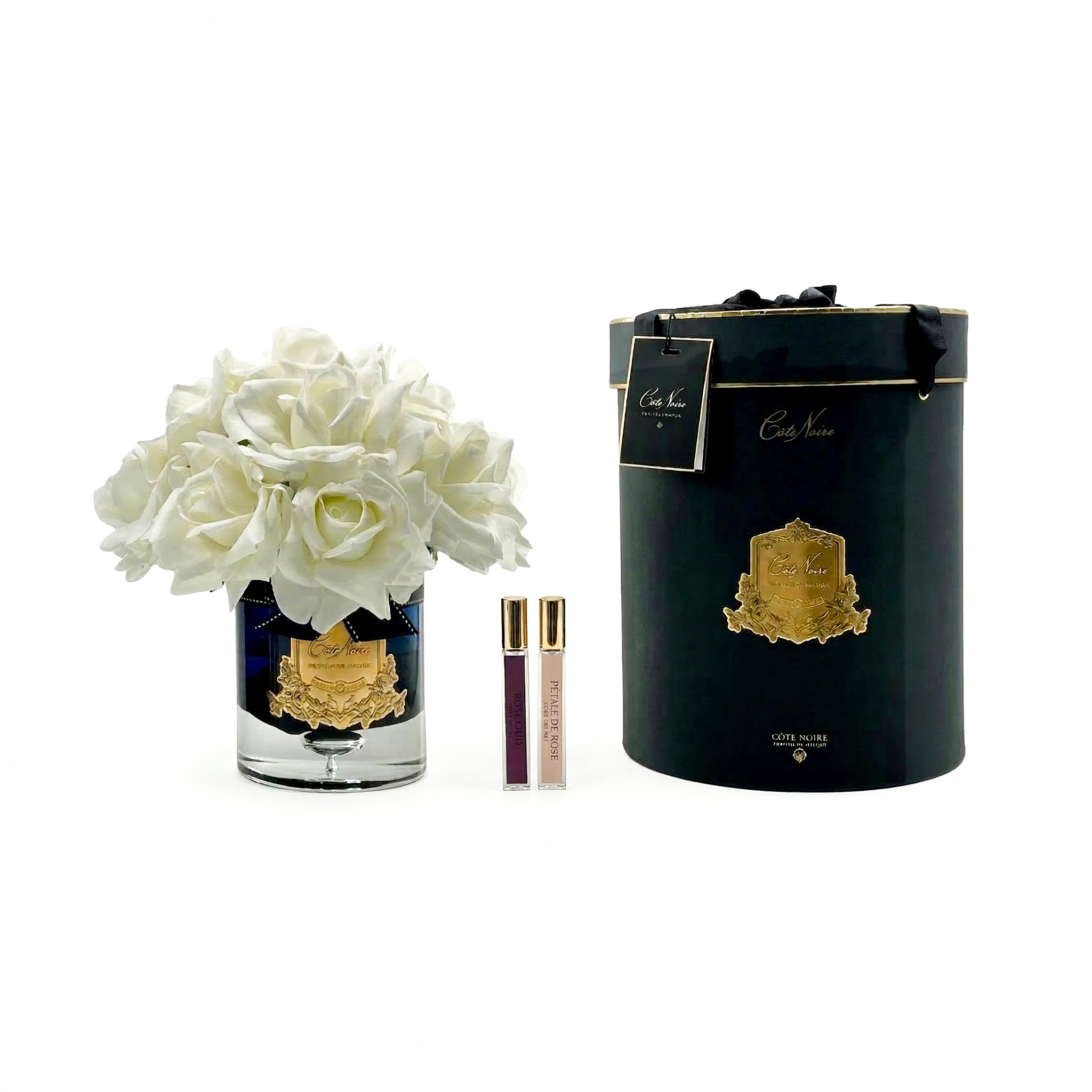 Côte Noire Luxury Grand Rose Bud Bouquet - Gold Badge & White Flowers