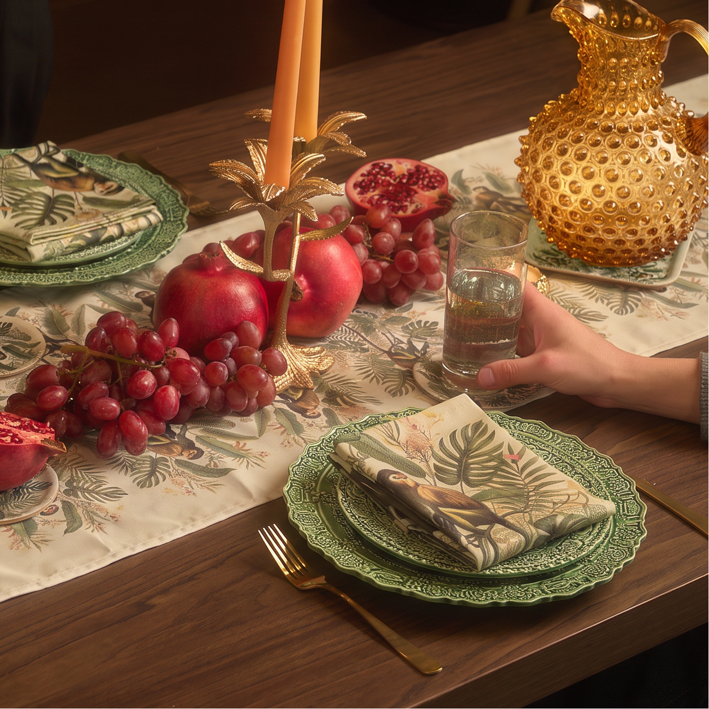 A styled dining table scene with a cream floral table runner, green patterned plates, folded botanical napkins, red grapes, pomegranates, candles, and amber glassware. A person's hand is visible holding a glass, and part of another person in dark clothing appears at the upper left, placing this in a real environment and making the subject type Lifestyle.
