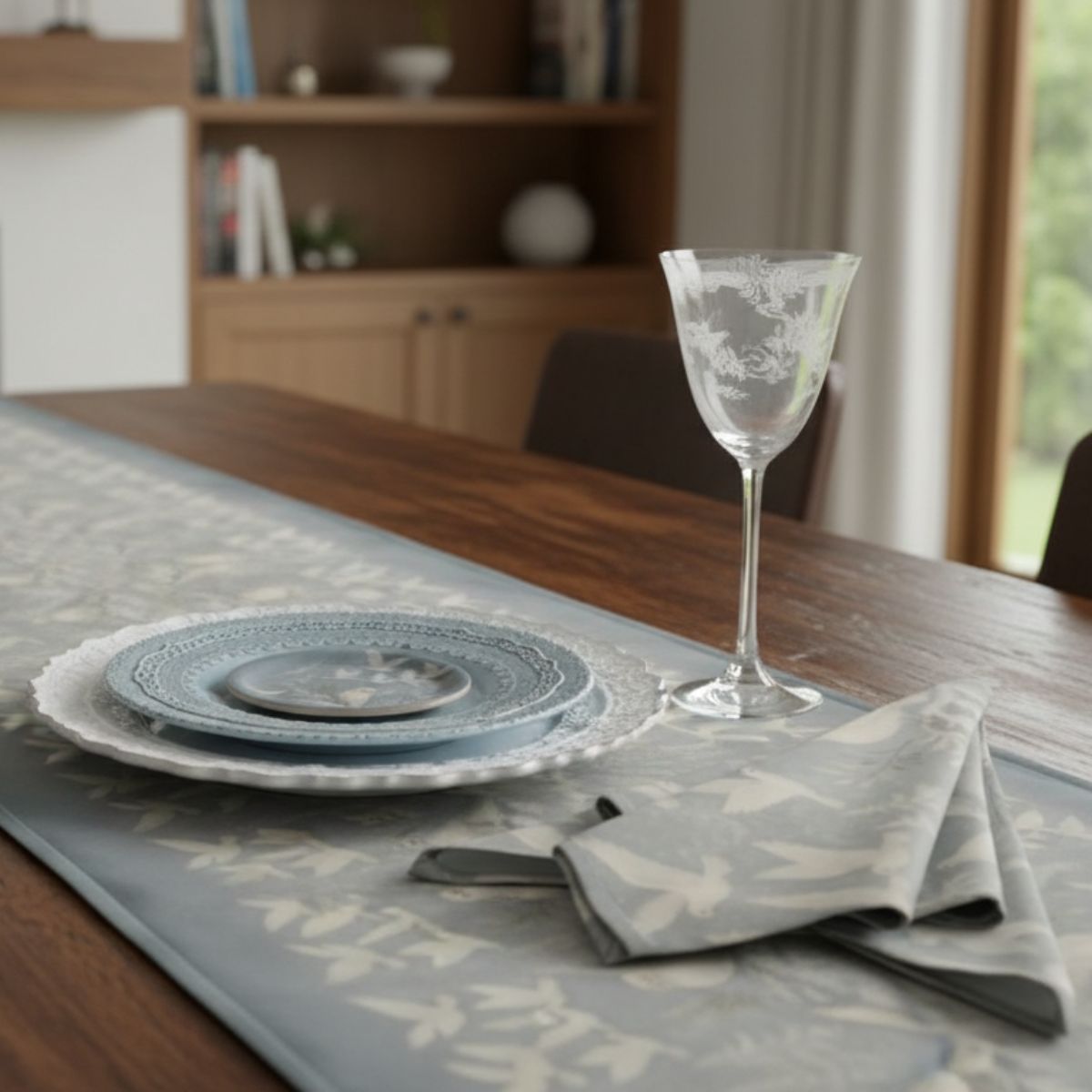 Dining table setting with plates, glass, and napkin on a placemat.