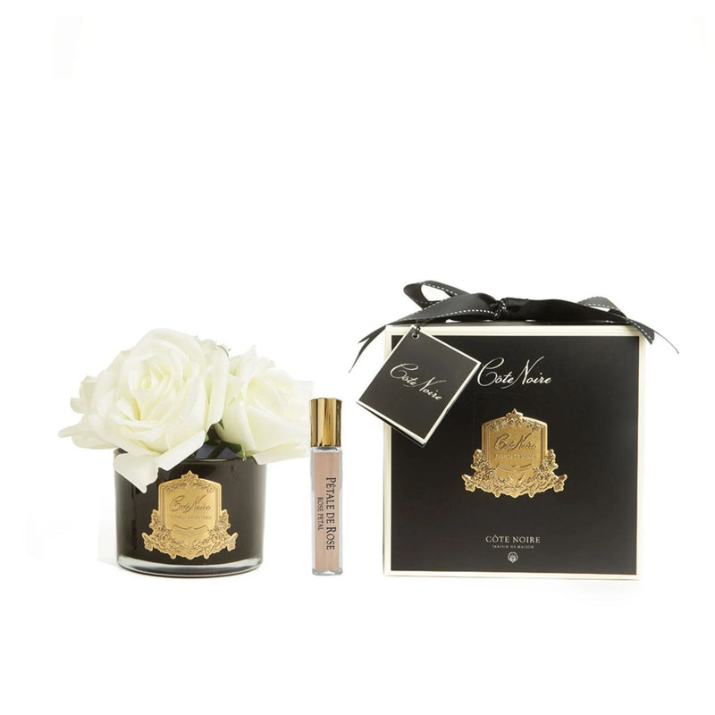 Five Ivory White Natural Perfumed Roses with Black Vase | Côte Noire