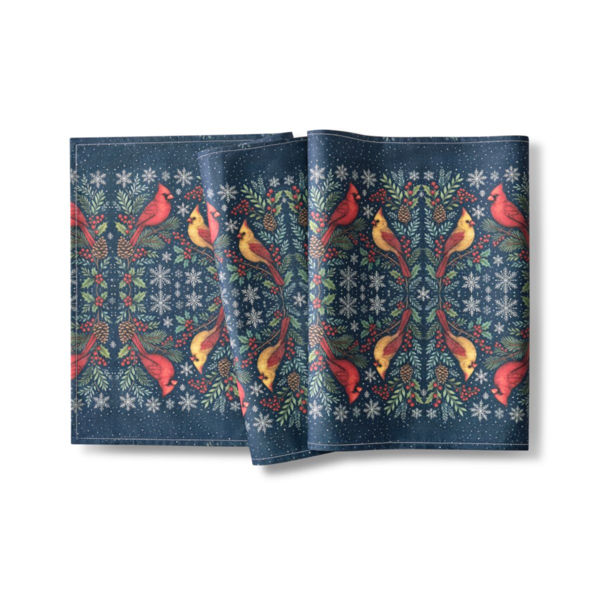 Set of three decorative placemats with cardinal bird pattern on a blue background