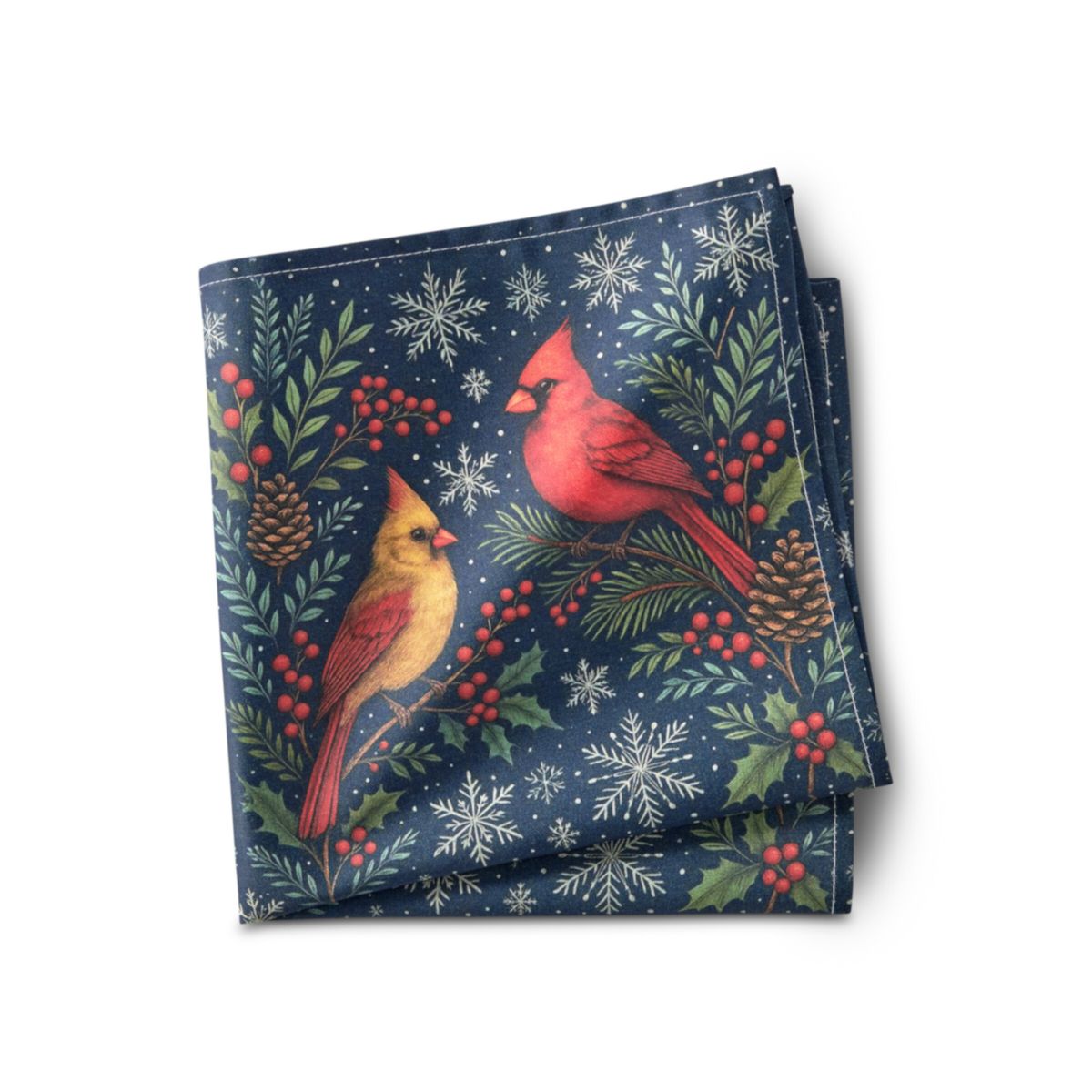 Folded fabric with cardinal and winter foliage pattern on a blue background