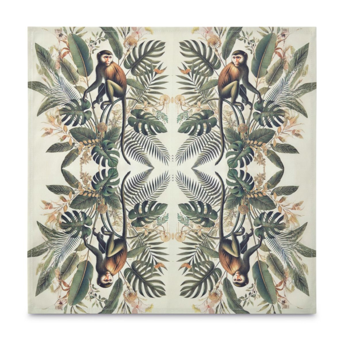 Patterned fabric with monkeys and leaves on a white background