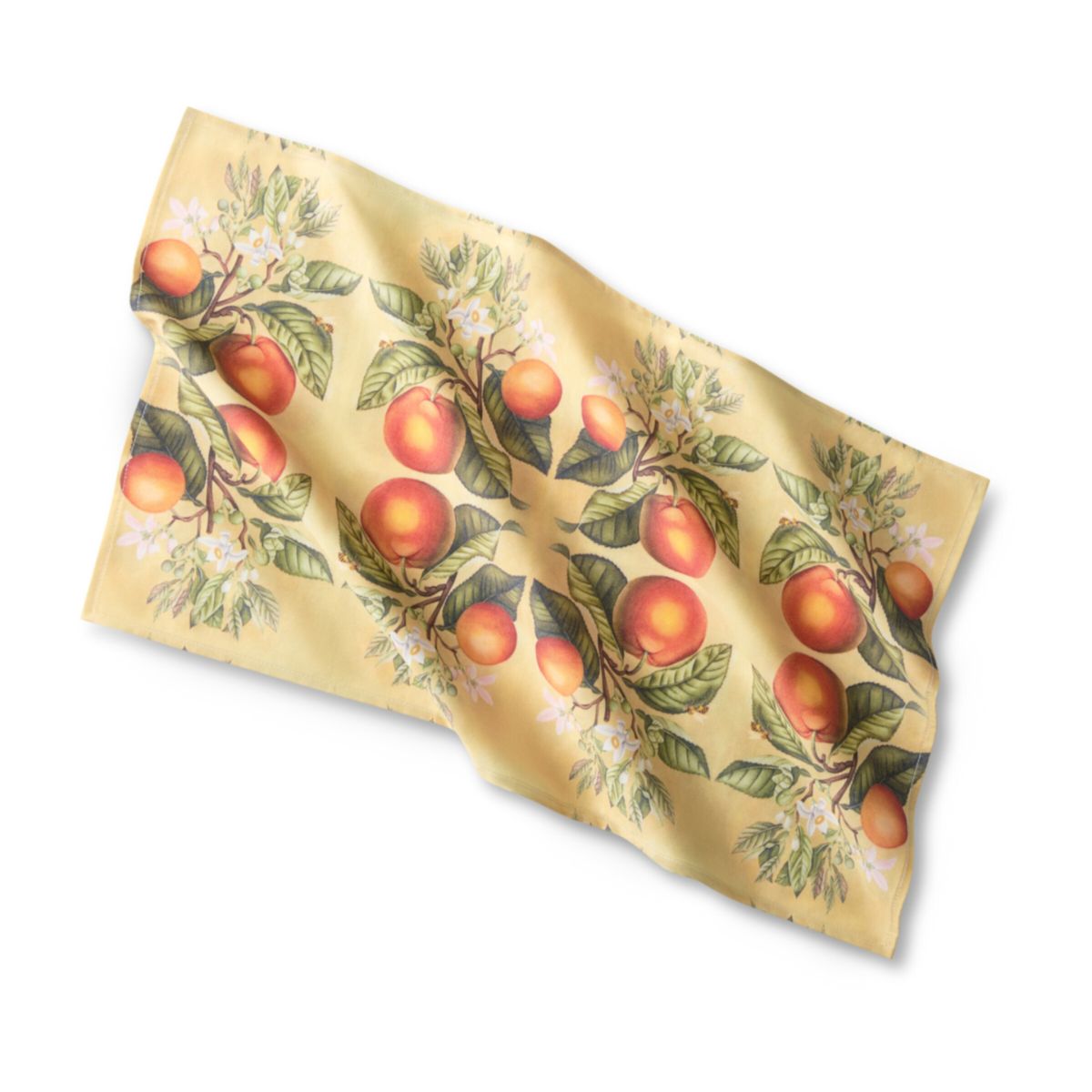 Fabric with peach and leaf pattern on a yellow background