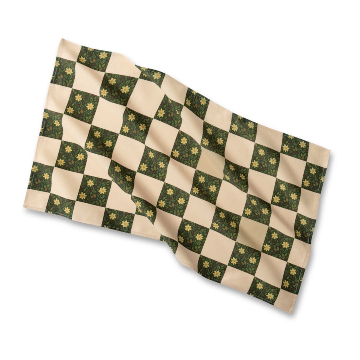 Checkered cloth with green and beige pattern on a white background