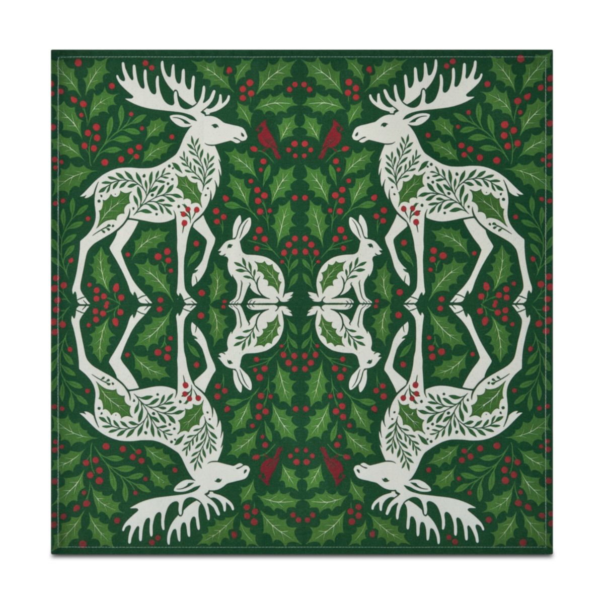 Patterned linen fabric with white deer and rabbits on a green background