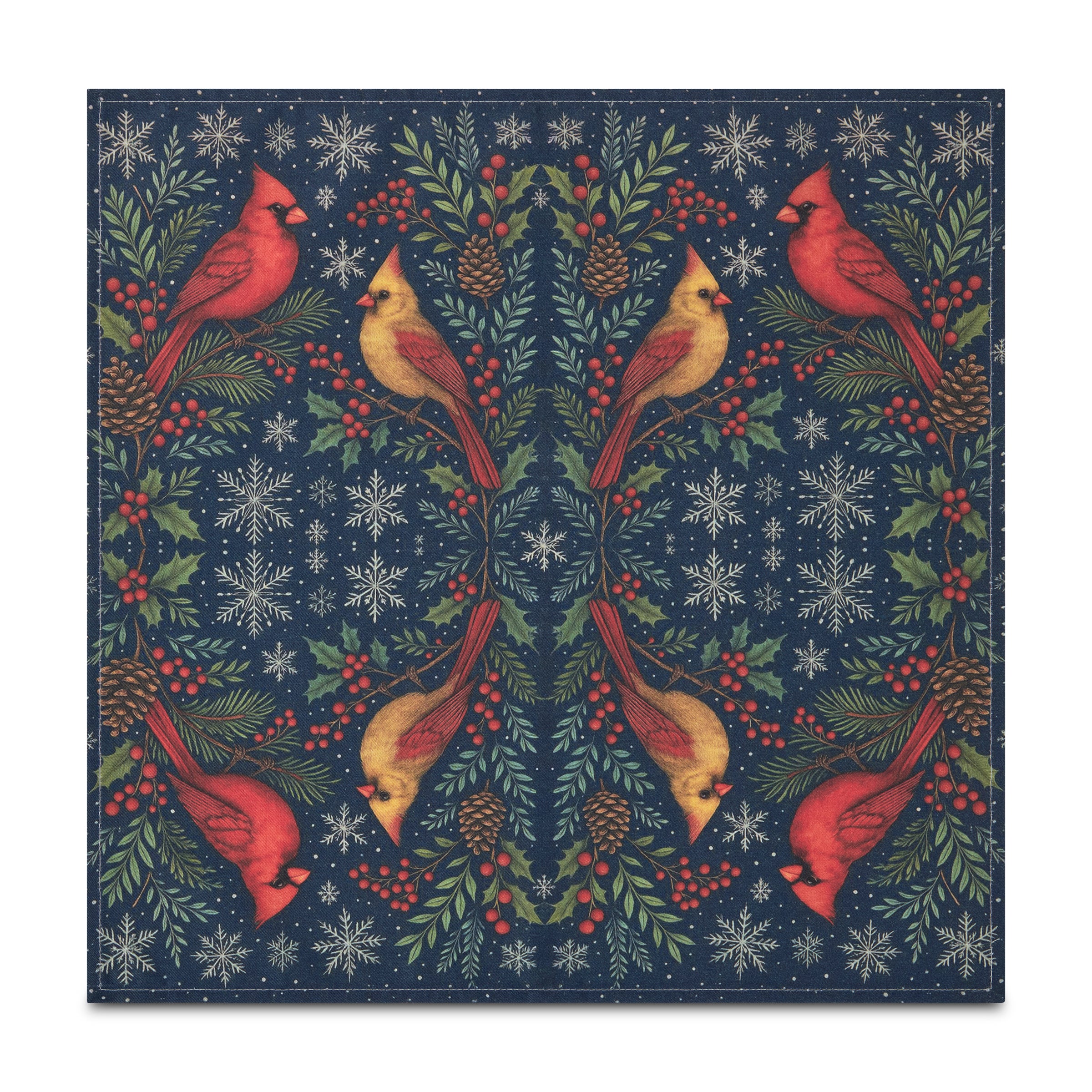 Patterned fabric with red and yellow cardinals, greenery, and snowflakes on a blue background