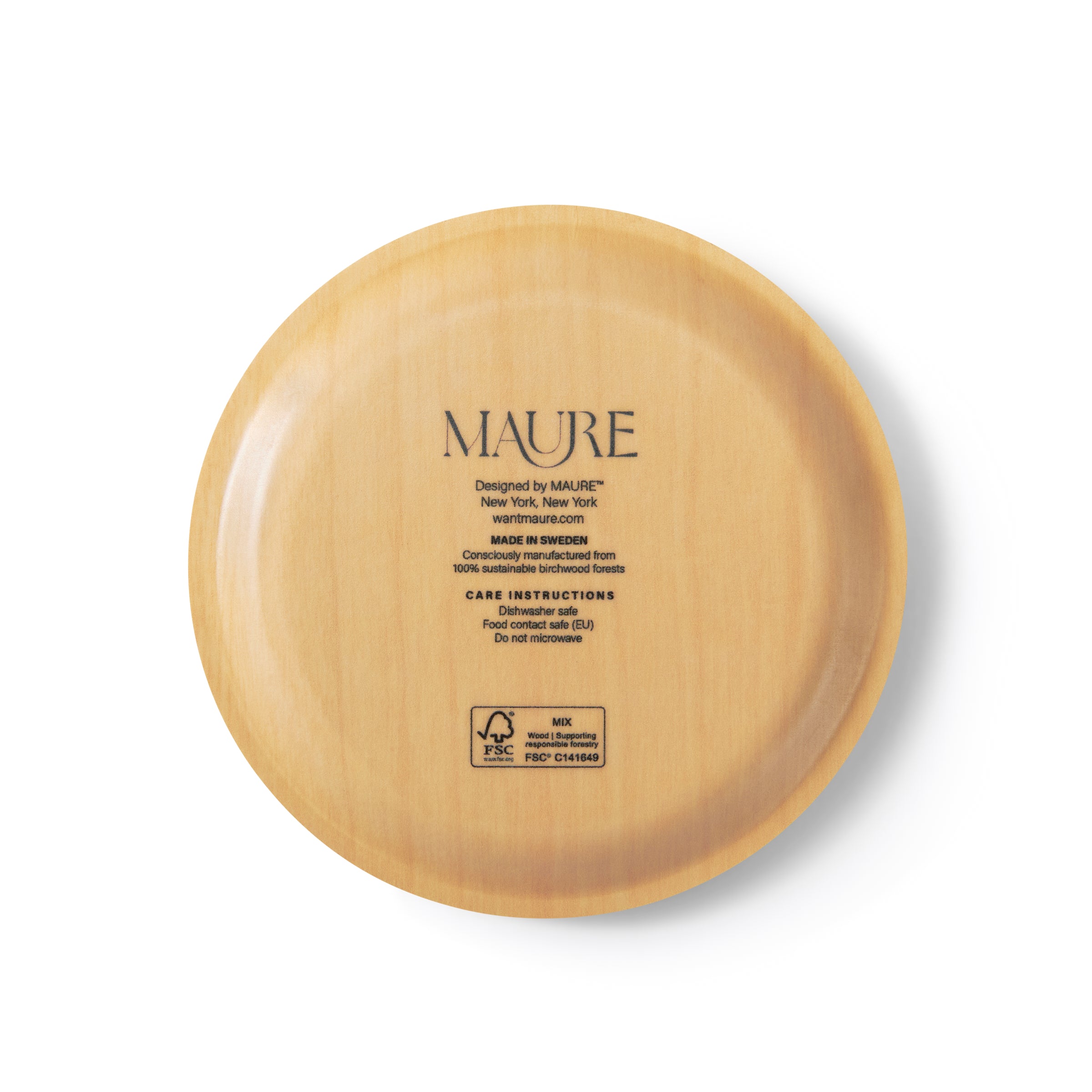 Wooden disc with 'MAURE' branding and text on a white background