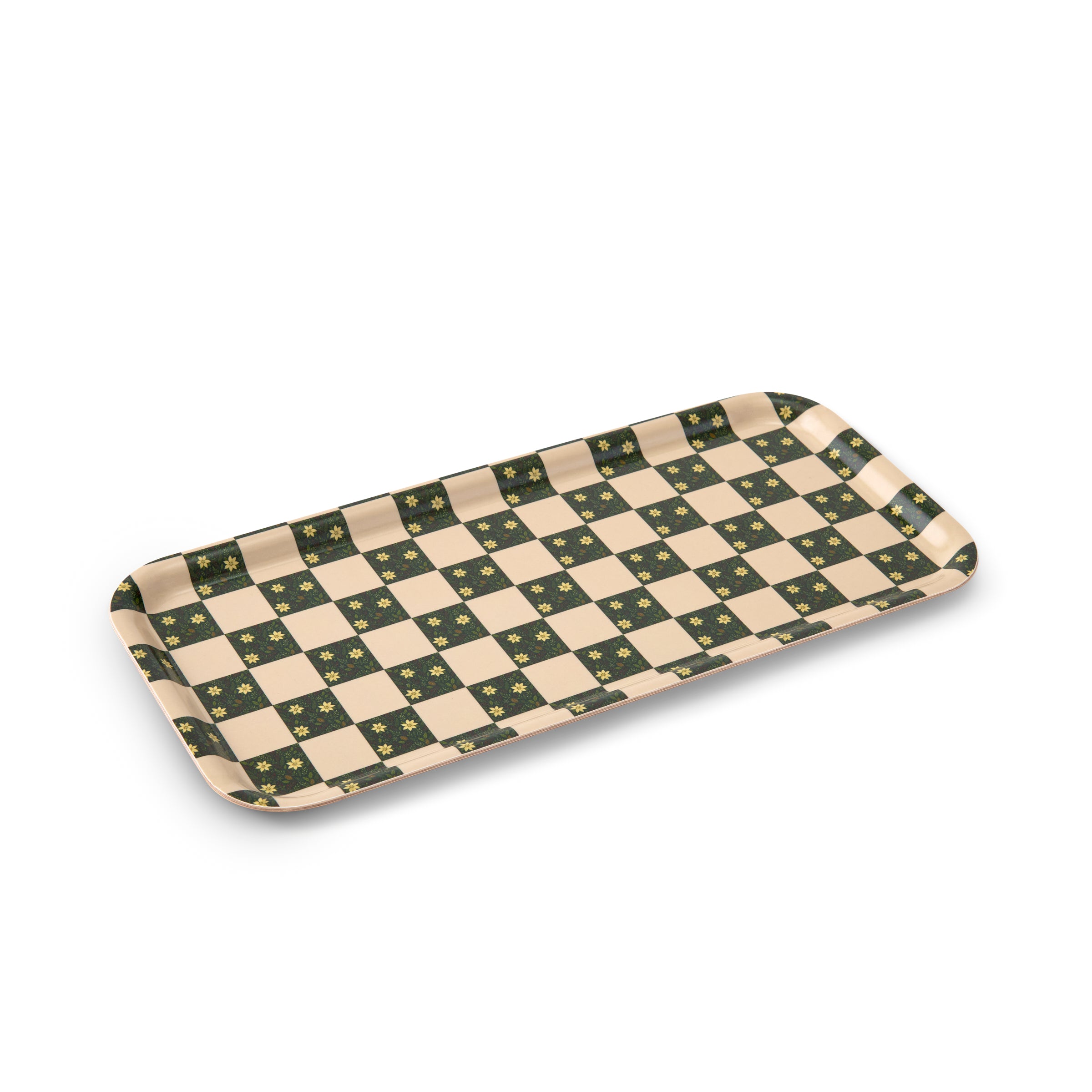 Checkered tray with green and beige pattern on a white background