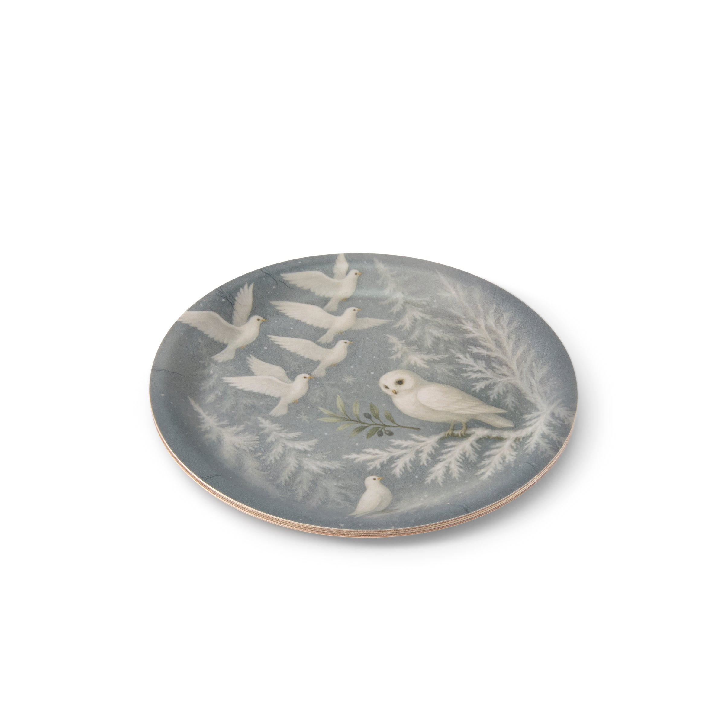 Decorative plate with bird and leaf design on a white background
