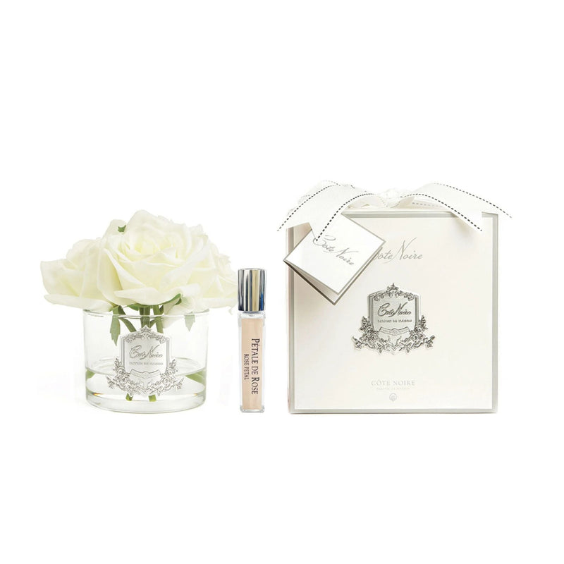 Five Ivory White Natural Perfumed Roses with Clear Vase | Côte Noire