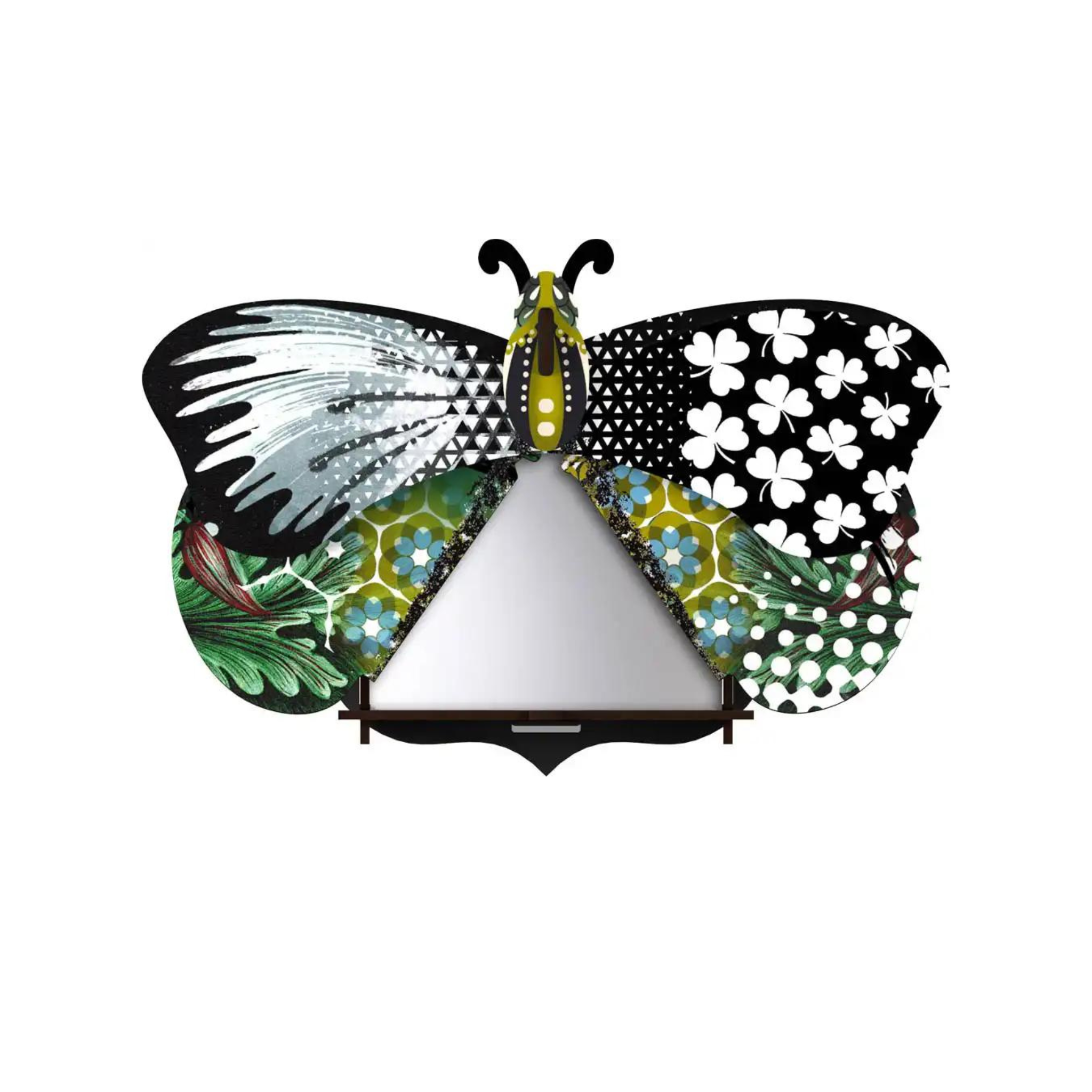 a black, white, and green butterfly storage mirror box with wings opened sitting on top of a white background