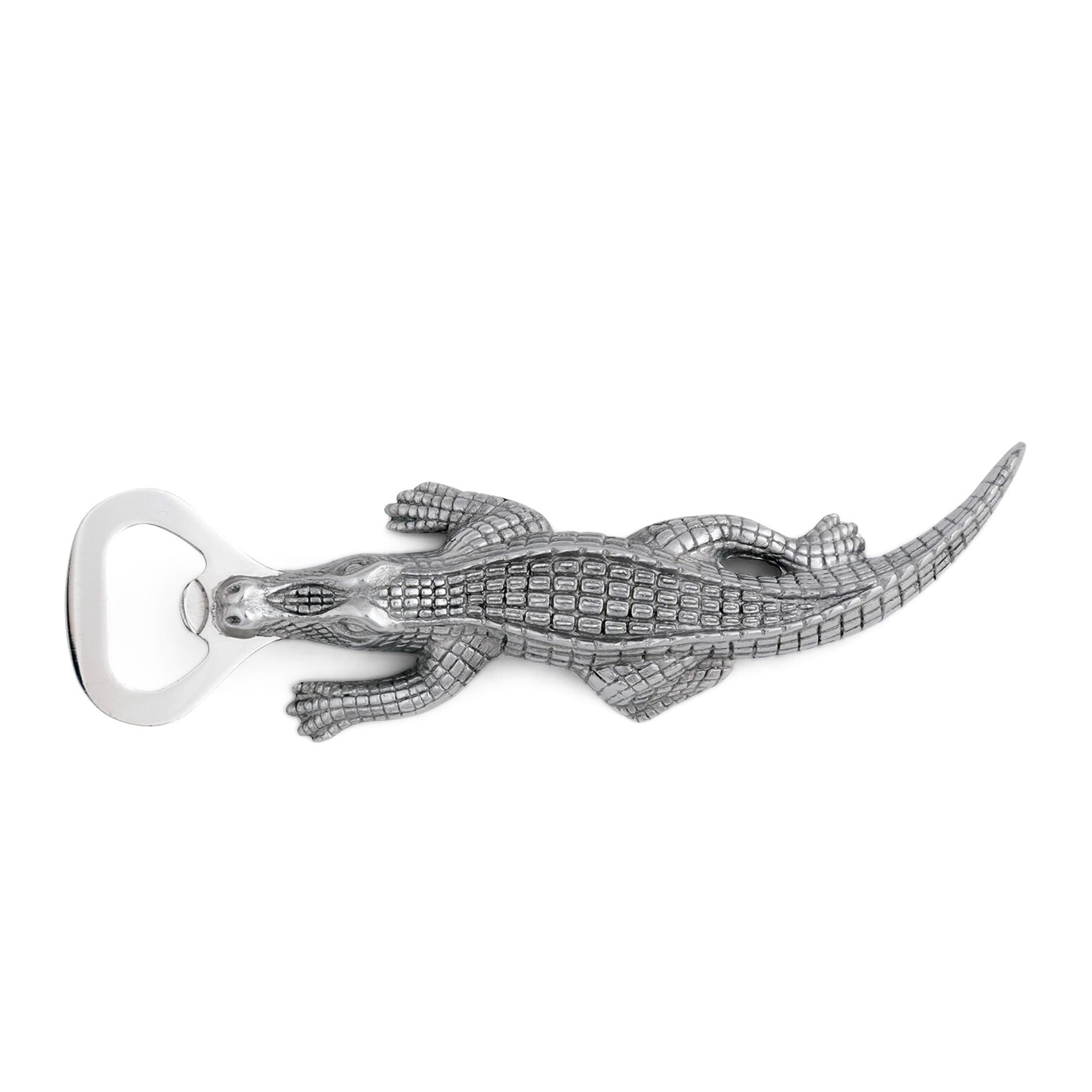 a pewter alligator bottle opener on a white background