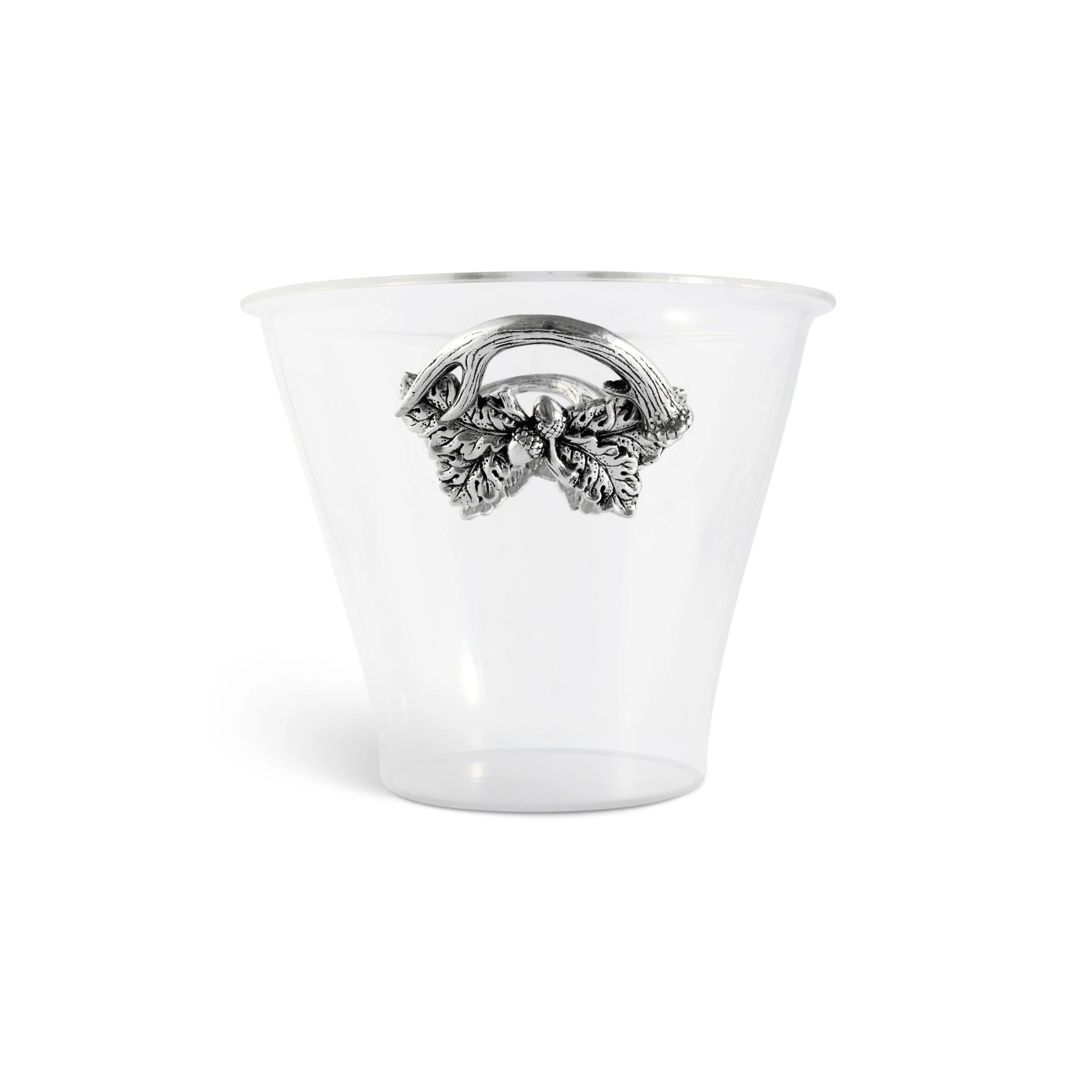 an acrylic ice bucket with metal antler and leave handles