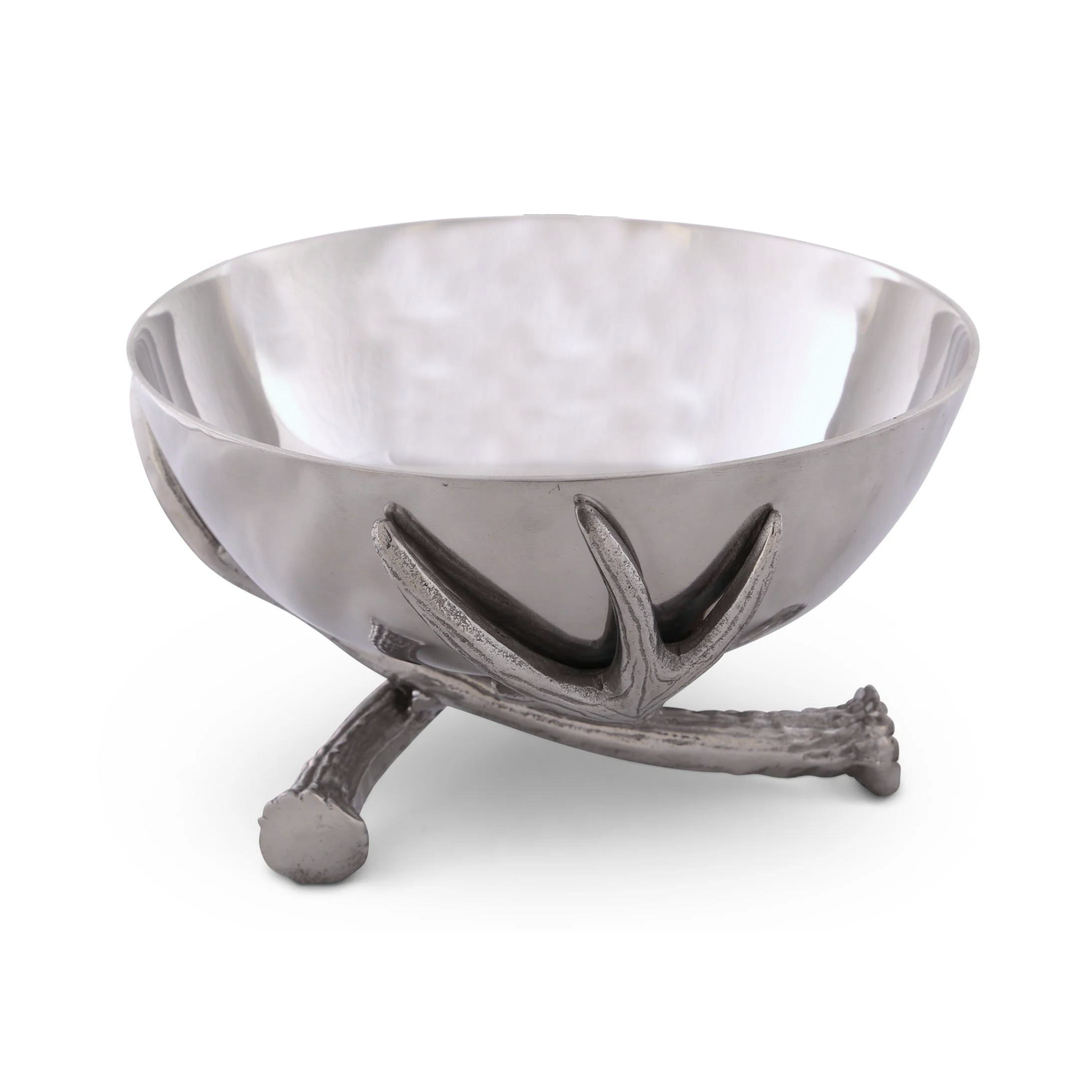 a metal bowl with 3 metal antler base