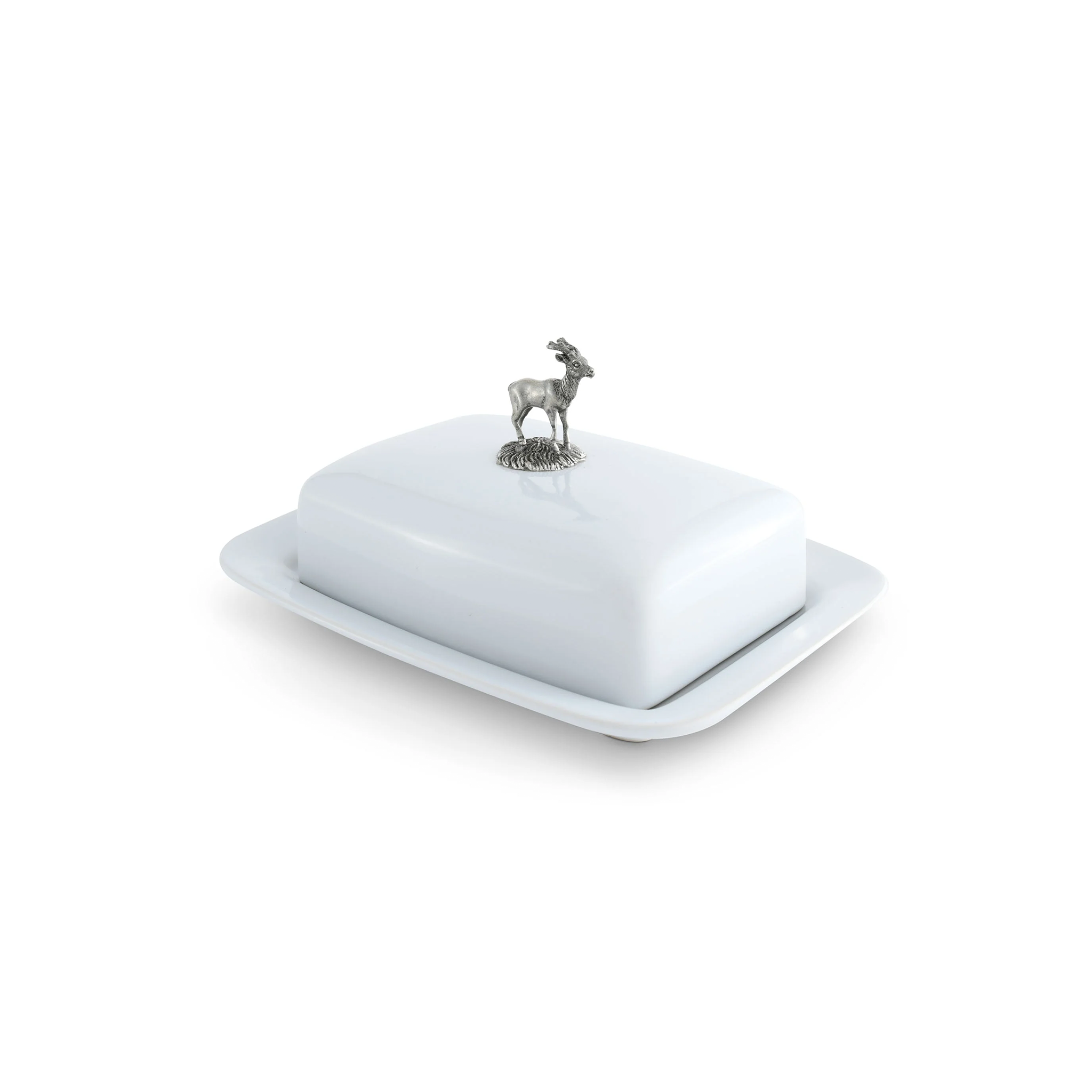 a white butter dish with a pewter stag handle 