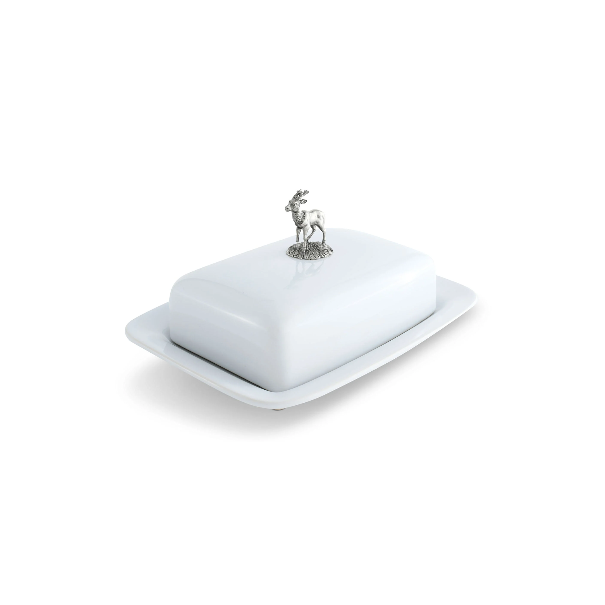 a white butter dish with a pewter stag handle 