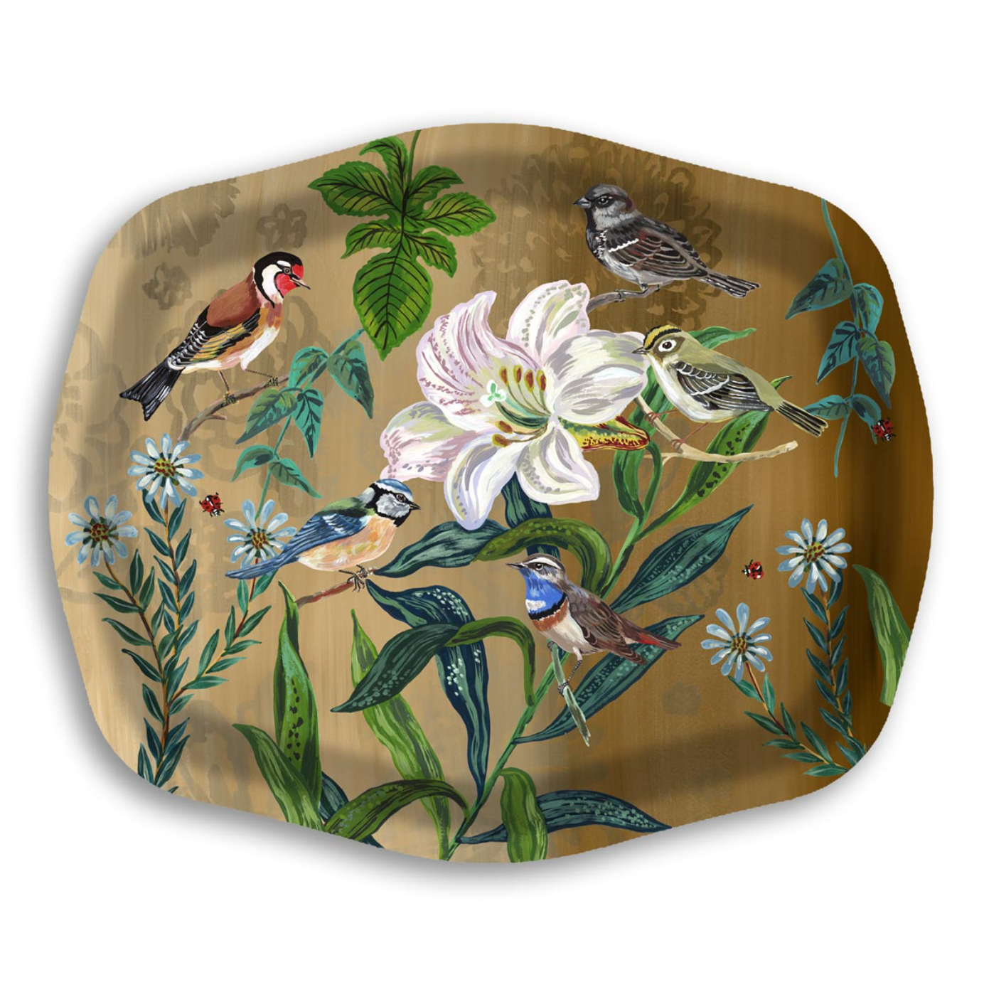 a decorative birchwood tray with birds and flowers on it