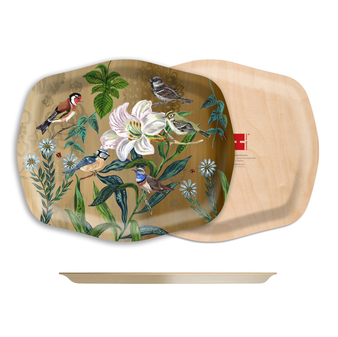 front, back, and side of a a decorative birchwood tray with birds and flowers on it