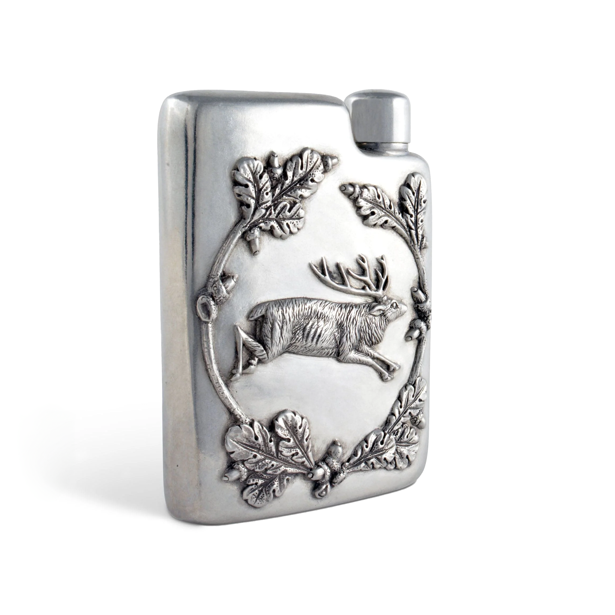 a pewter flask adorned with a majestic jumping elk, delicate acorns, and winding oak leaves