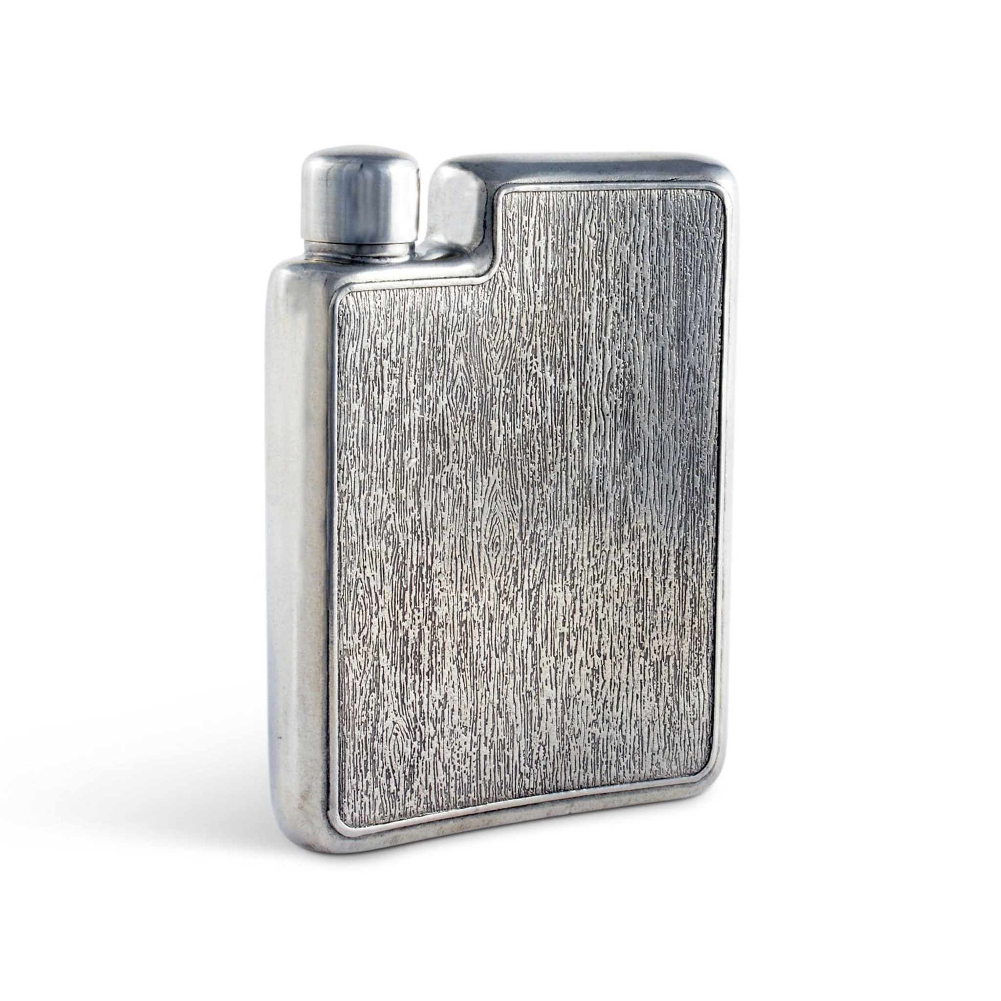a pewter flask featuring a unique herringbone graphic pattern 