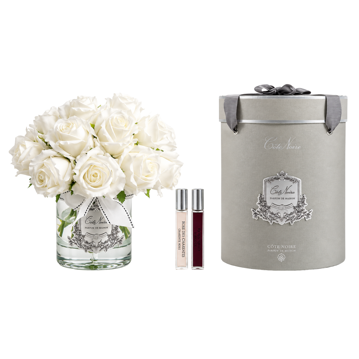 Luxury Grand Rose Bud Bouquet - Silver Badge - White - Grey Box | Côte Noire
