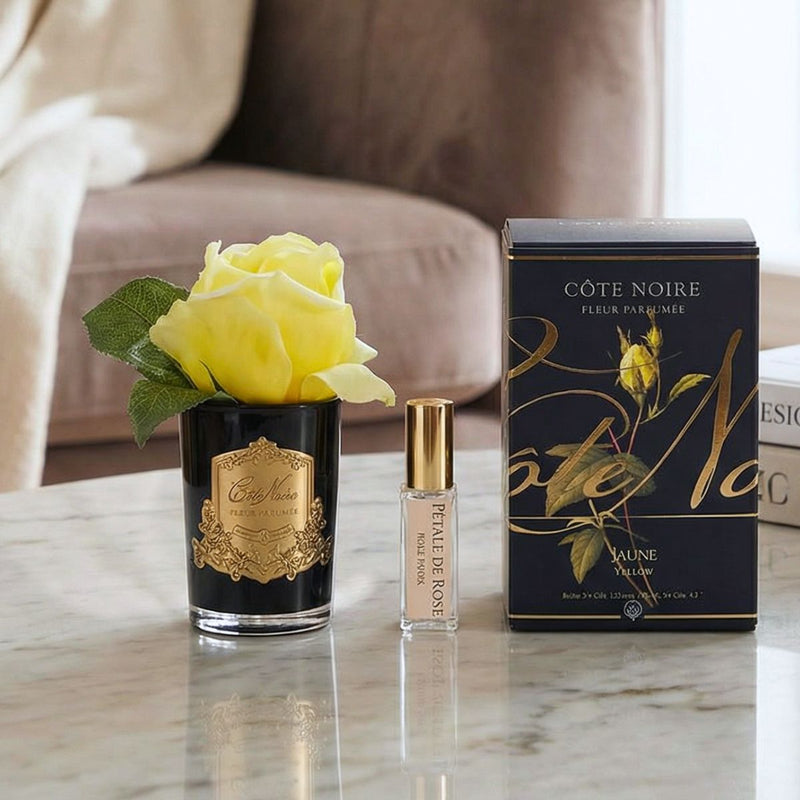 Perfumed Natural Touch Rose Bud - Yellow Bud in Black Vase