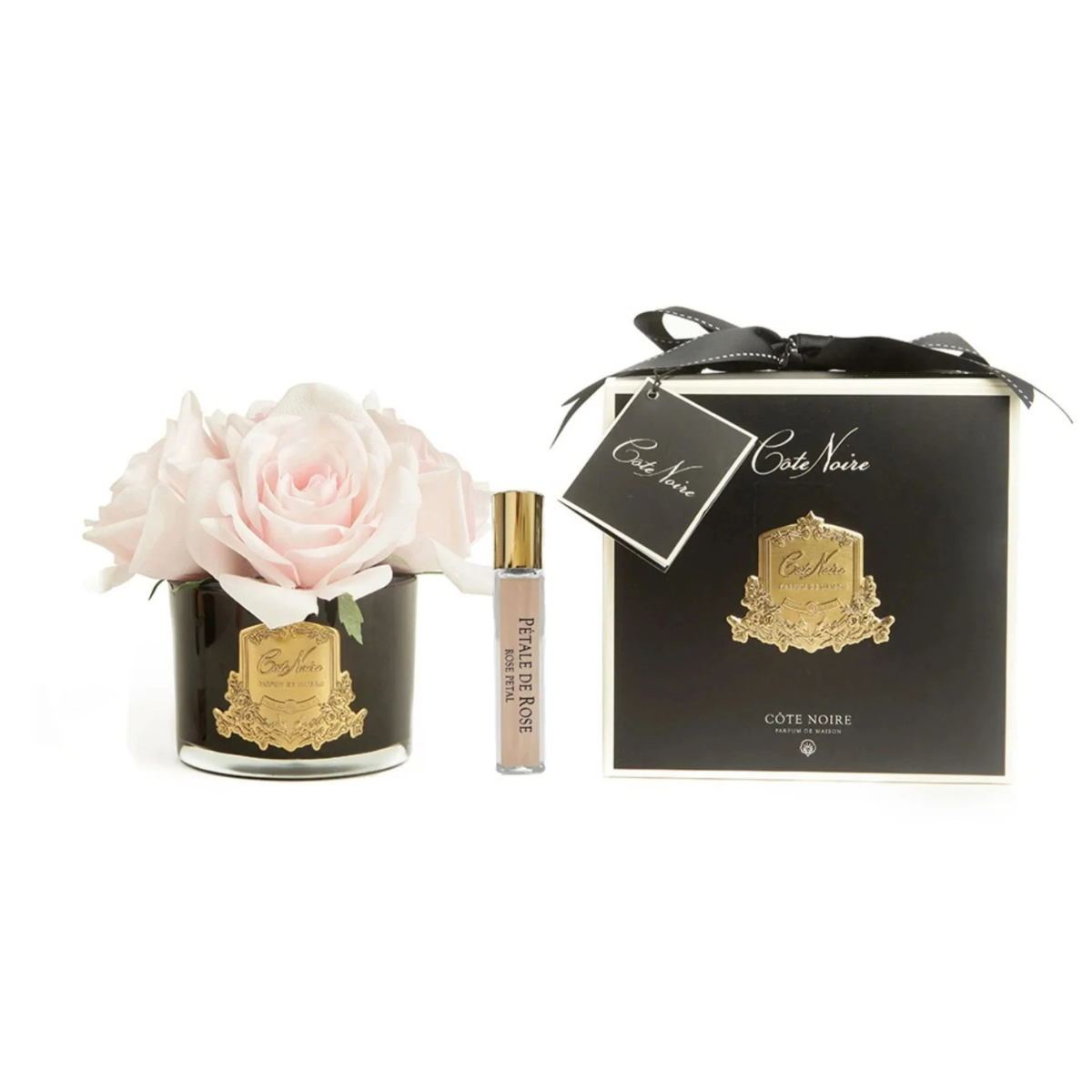 Five French Pink Natural Perfumed Roses with Black Vase  | Côte Noire
