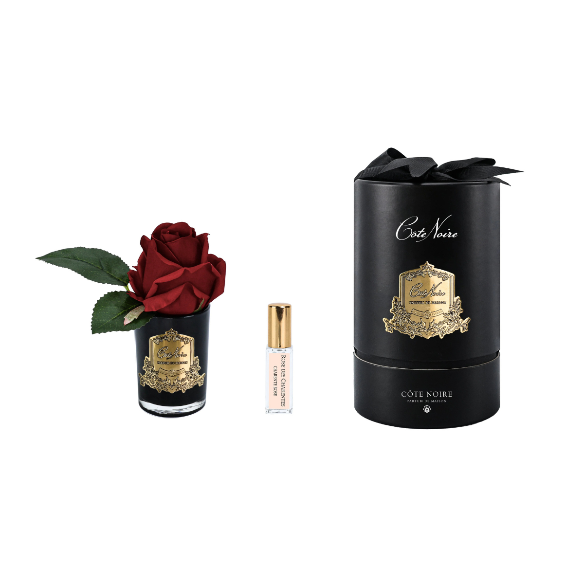 Perfumed Rose Bud in Black Glass - Gold Badge - Red | Côte Noire