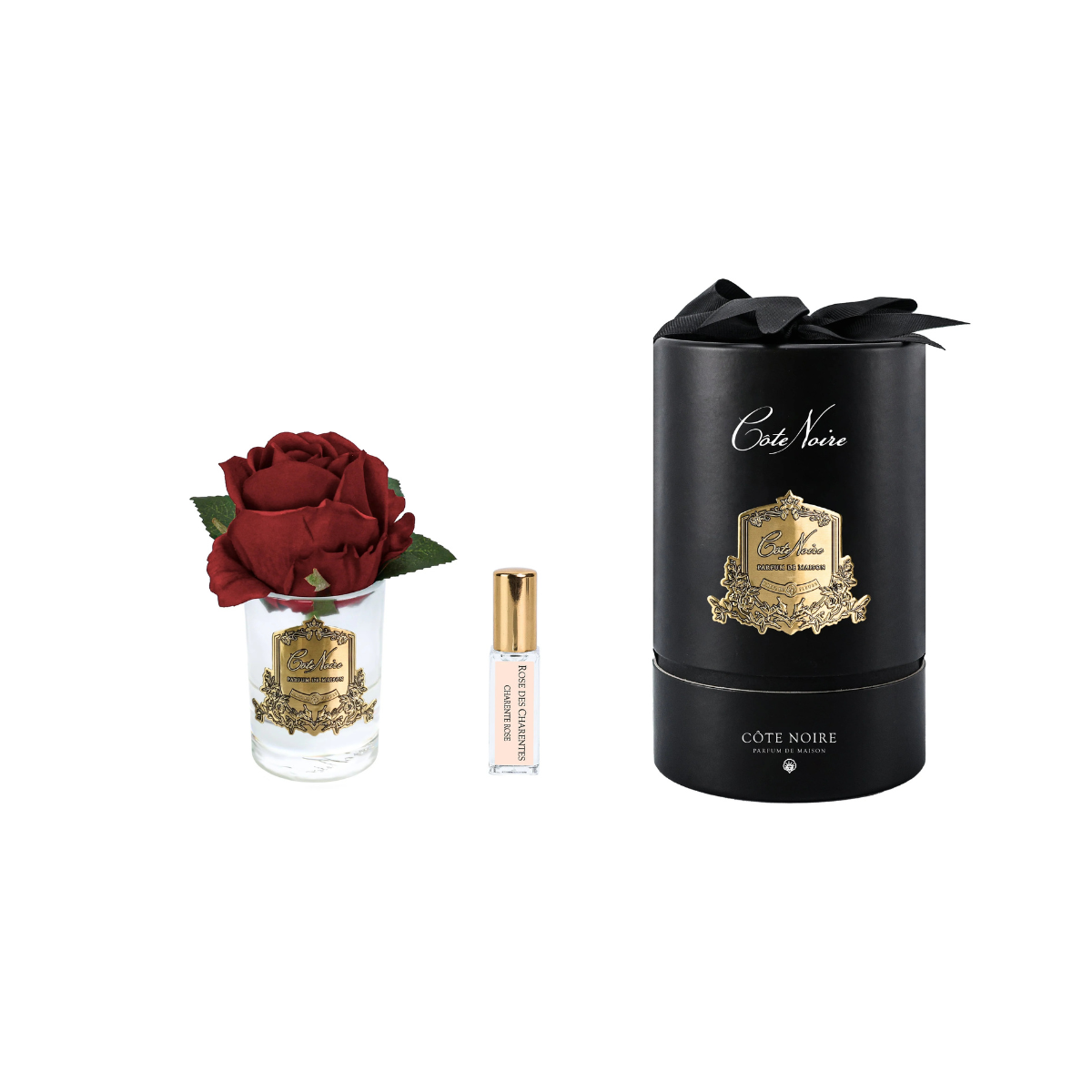 Perfumed Rose Bud in Clear Glass - Gold Badge - Red | Côte Noire