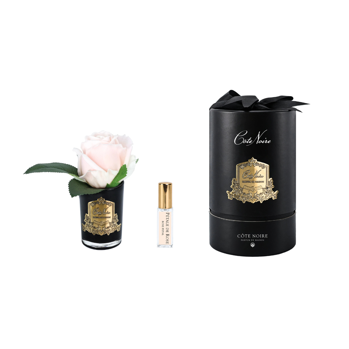 Perfumed Rose Bud in Black Glass - Gold Badge - Champagne Pink | Côte Noire