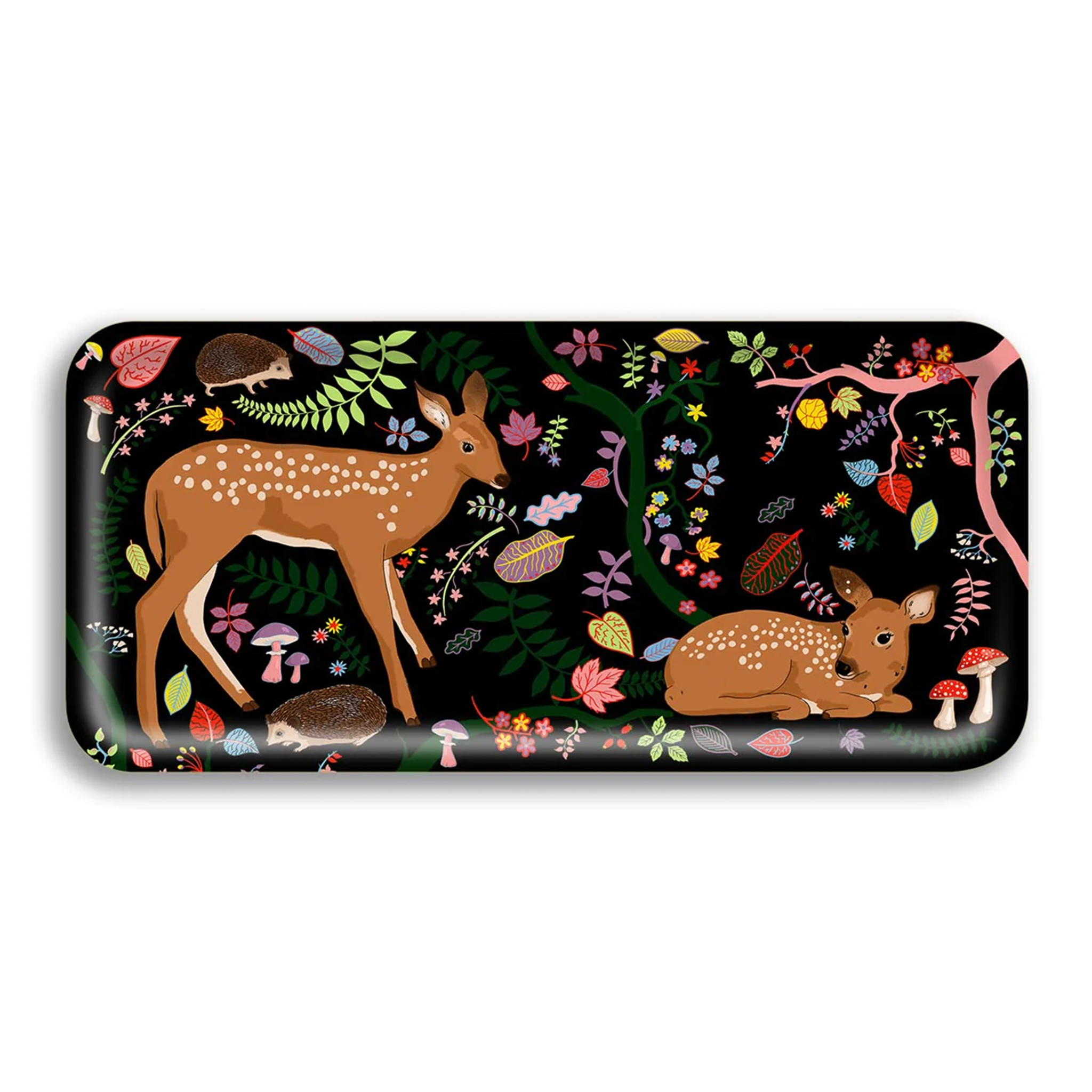 a narrow birchwood tray with a deer and a fawn on it