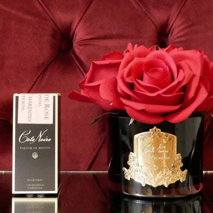 Côte Noire five carmine red roses in black glass, styled