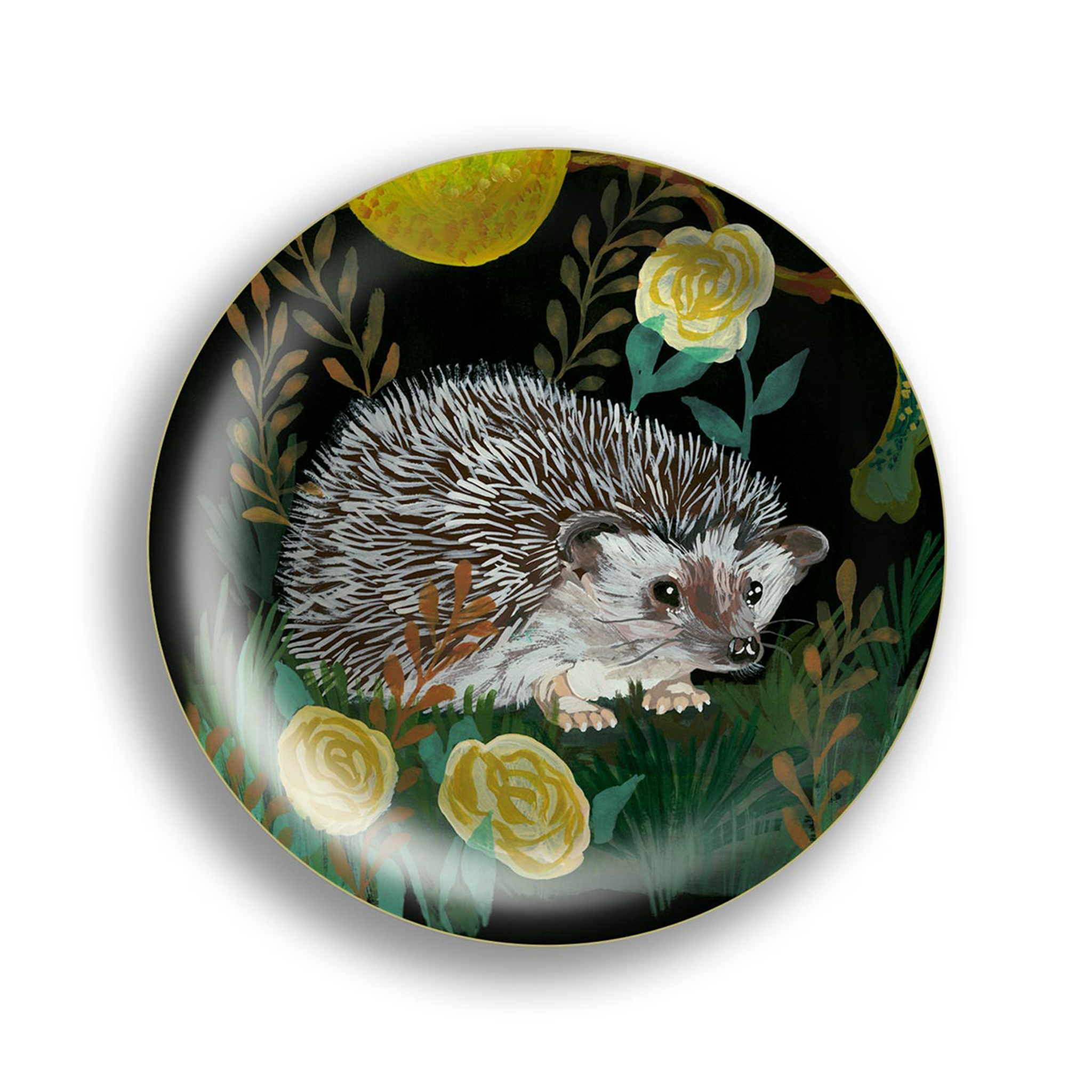 Decorative round tray coaster with a hedgehog illustration surrounded by floral patterns