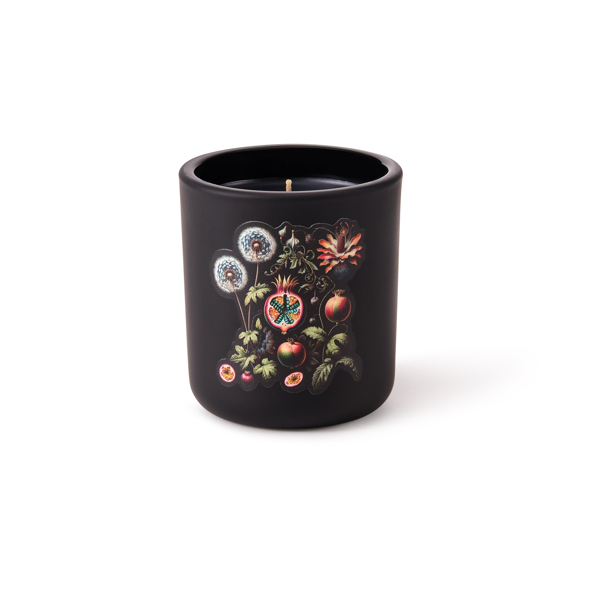 A black votive candle with an intricate illustration of dandelion seeds, pomegranates, and other natural elements.