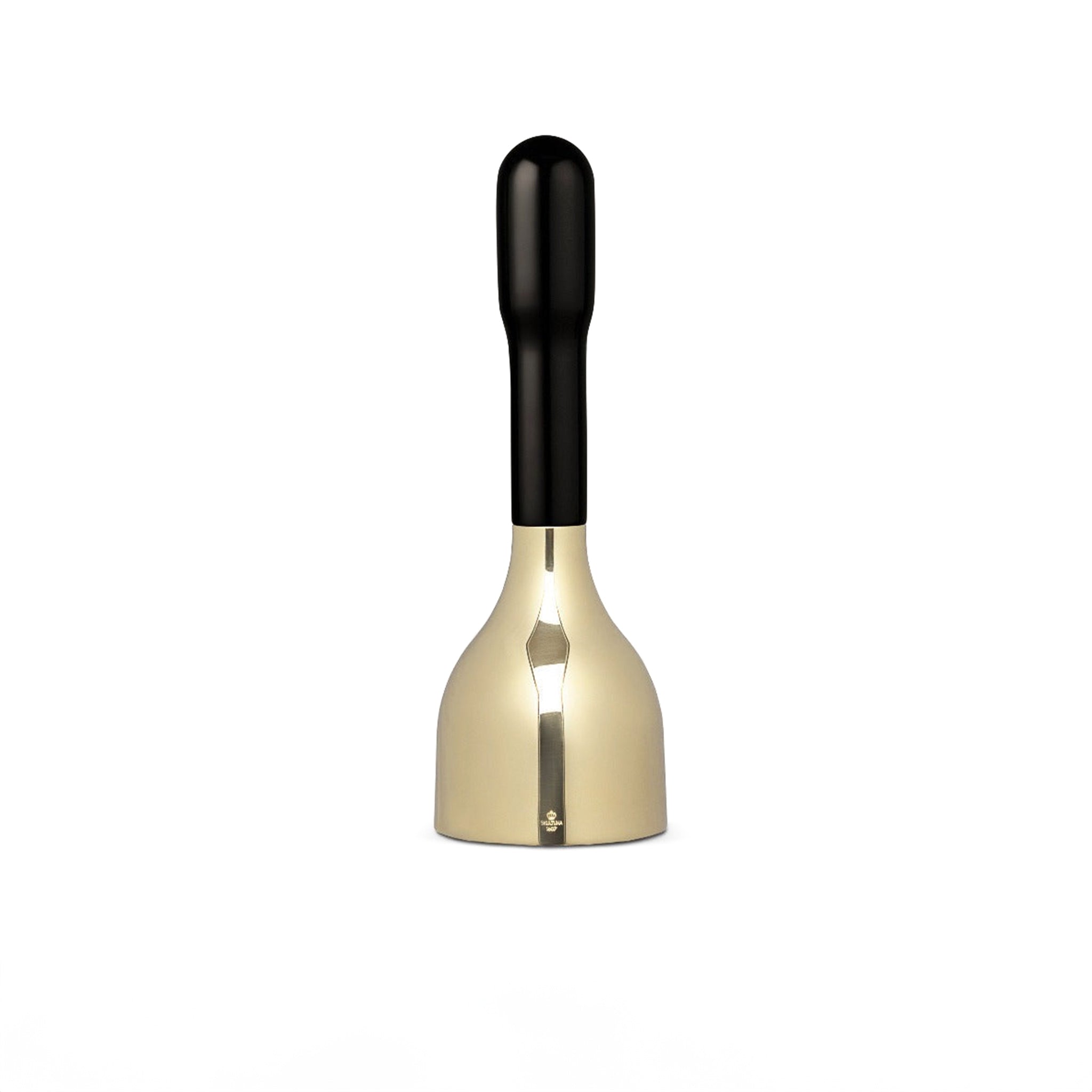 Skultuna Ring My Bell - Black & Brass, featuring a polished brass body and black oak handle, shown in a front view.