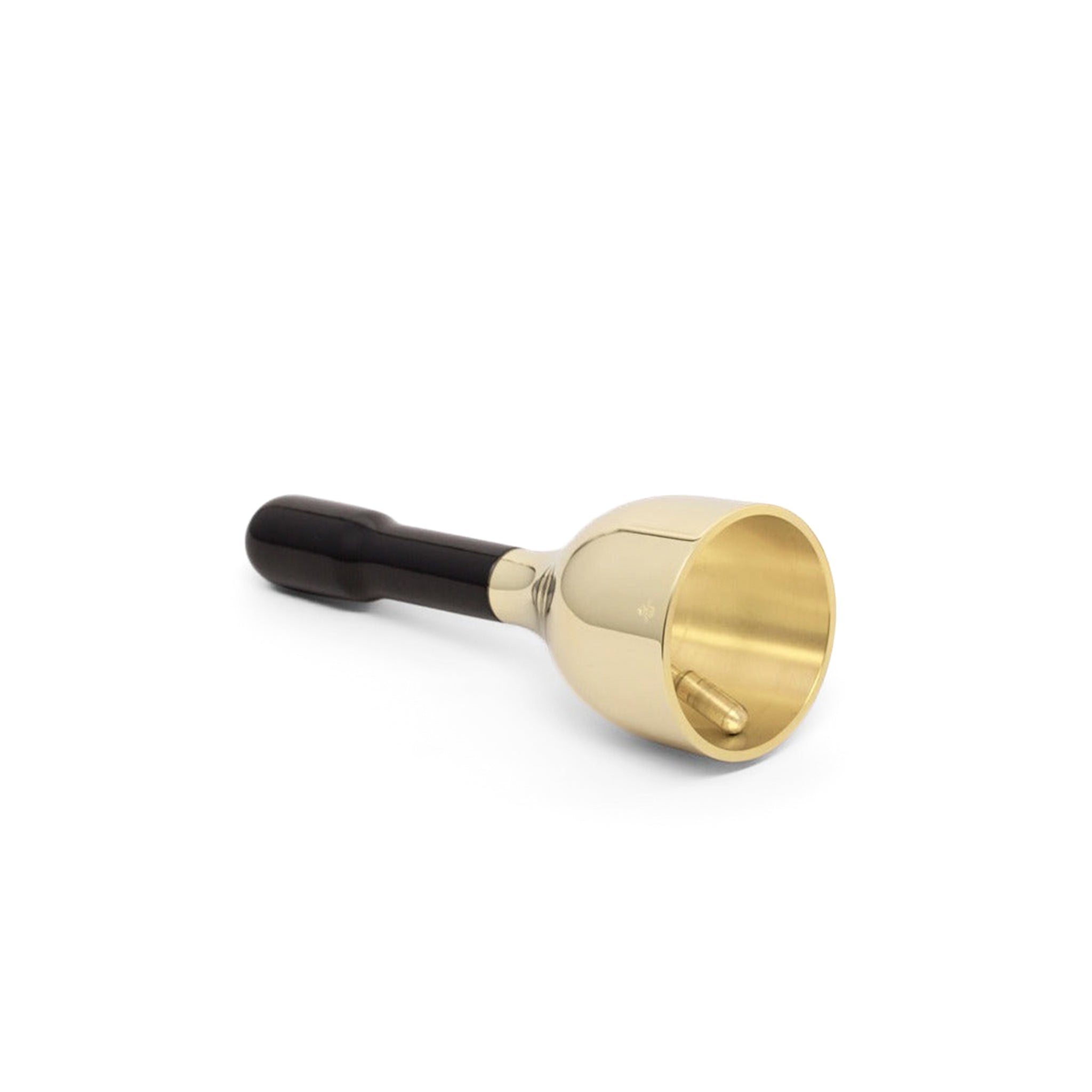 Skultuna Ring My Bell - Black & Brass, laid on its side showcasing the bell’s polished brass interior and handle.