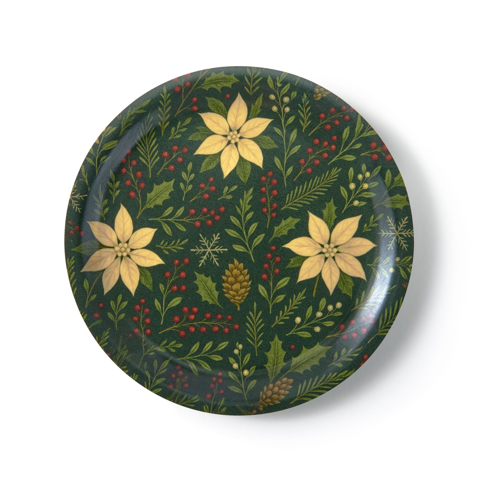 Decorative plate with floral and nature-themed design on a green background