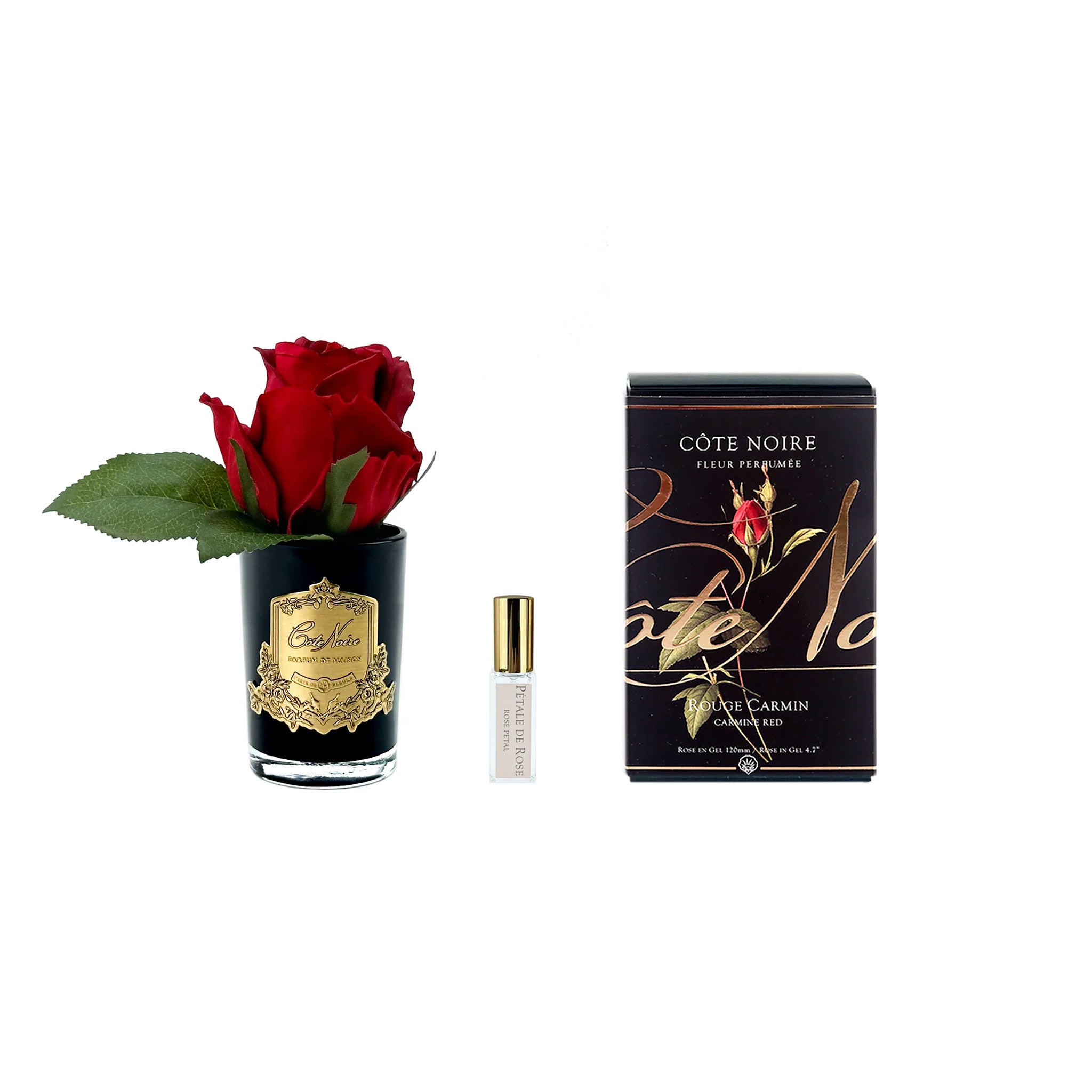 A carmine red rosebud in a black glass vase with gold detailing beside a slim perfume vial and a matching box with 'CÔTE NOIRE, ROUGE CARMIN'